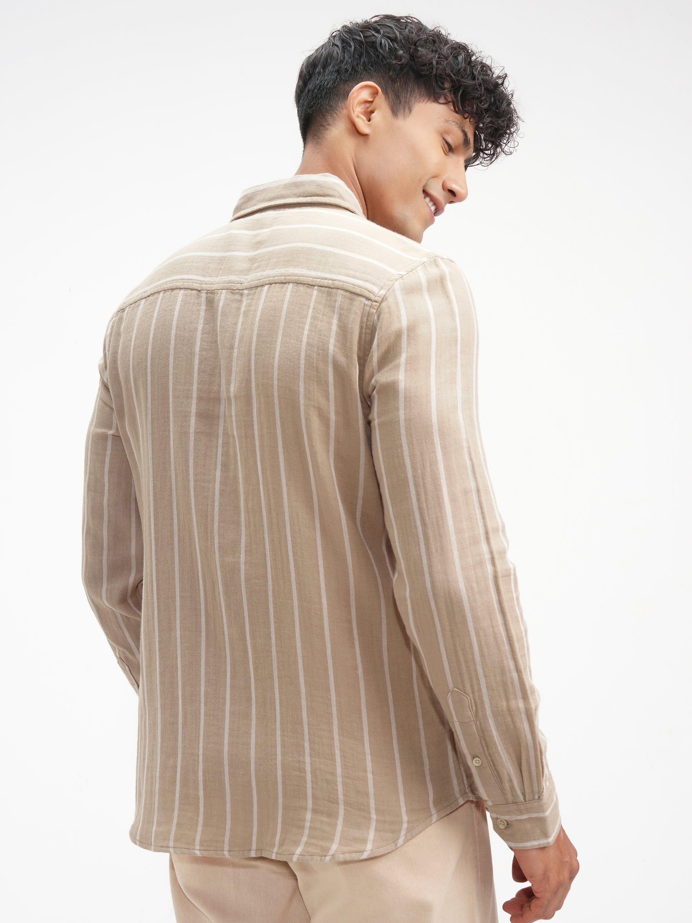 Highlander Men Khaki Striped Slim Fit Casual Shirt - Khaki - Image 3