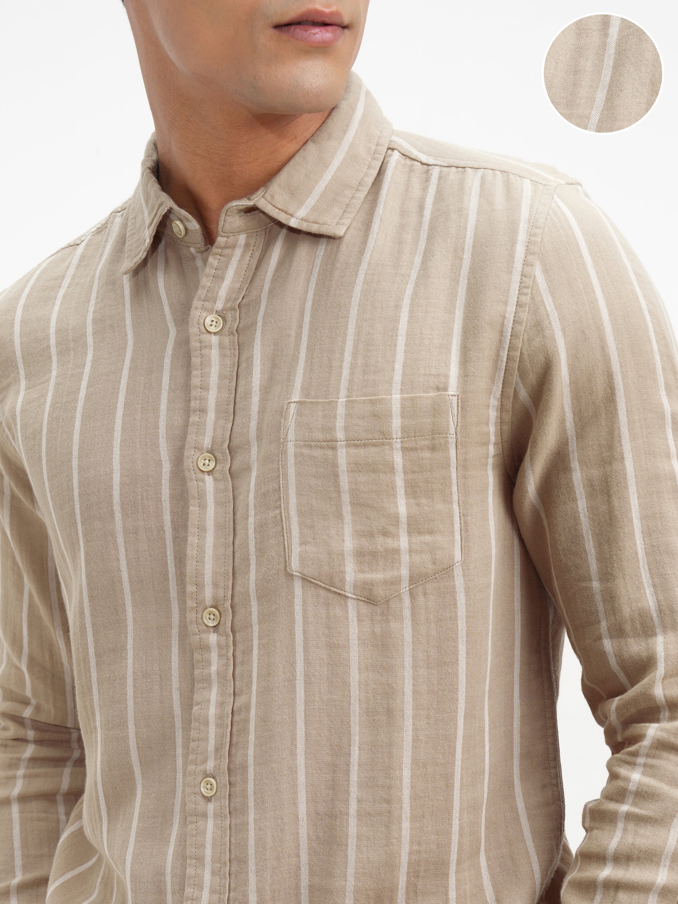 Highlander Men Khaki Striped Slim Fit Casual Shirt - Khaki - Image 5