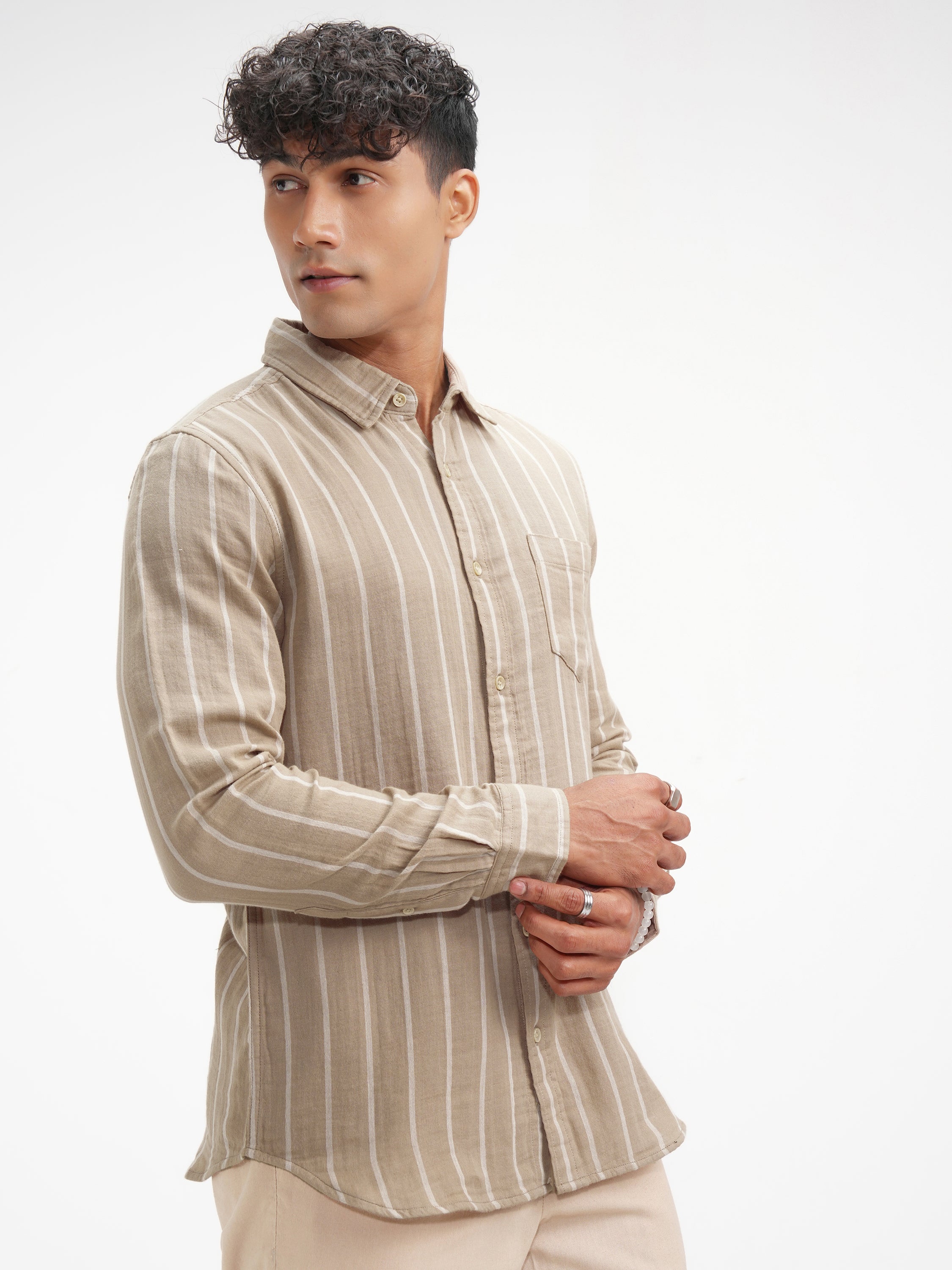 Highlander Men Khaki Striped Slim Fit Casual Shirt - Khaki - Image 6