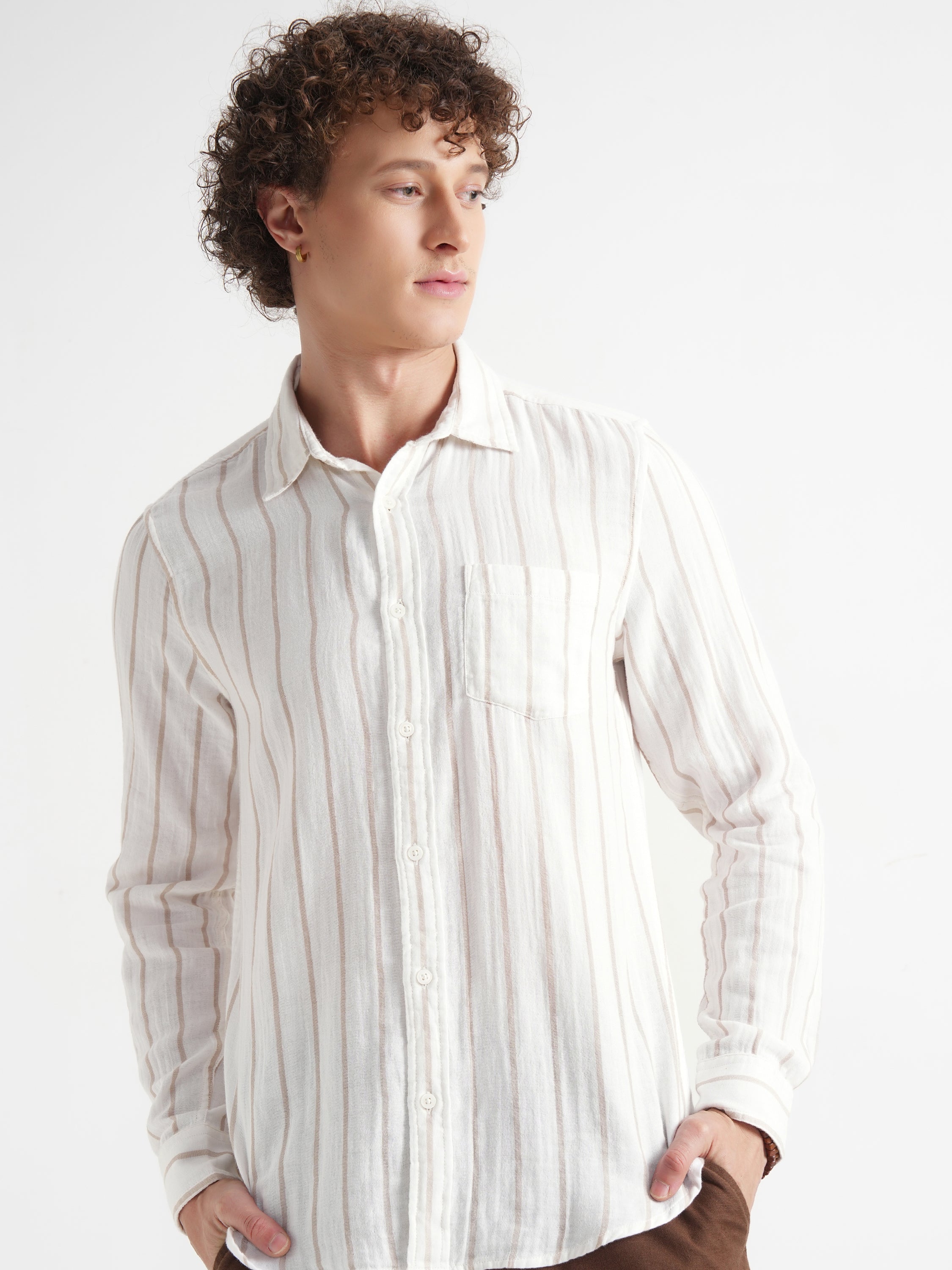 Highlander Men Cream Striped Slim Fit Casual Shirt - Cream - Image 1