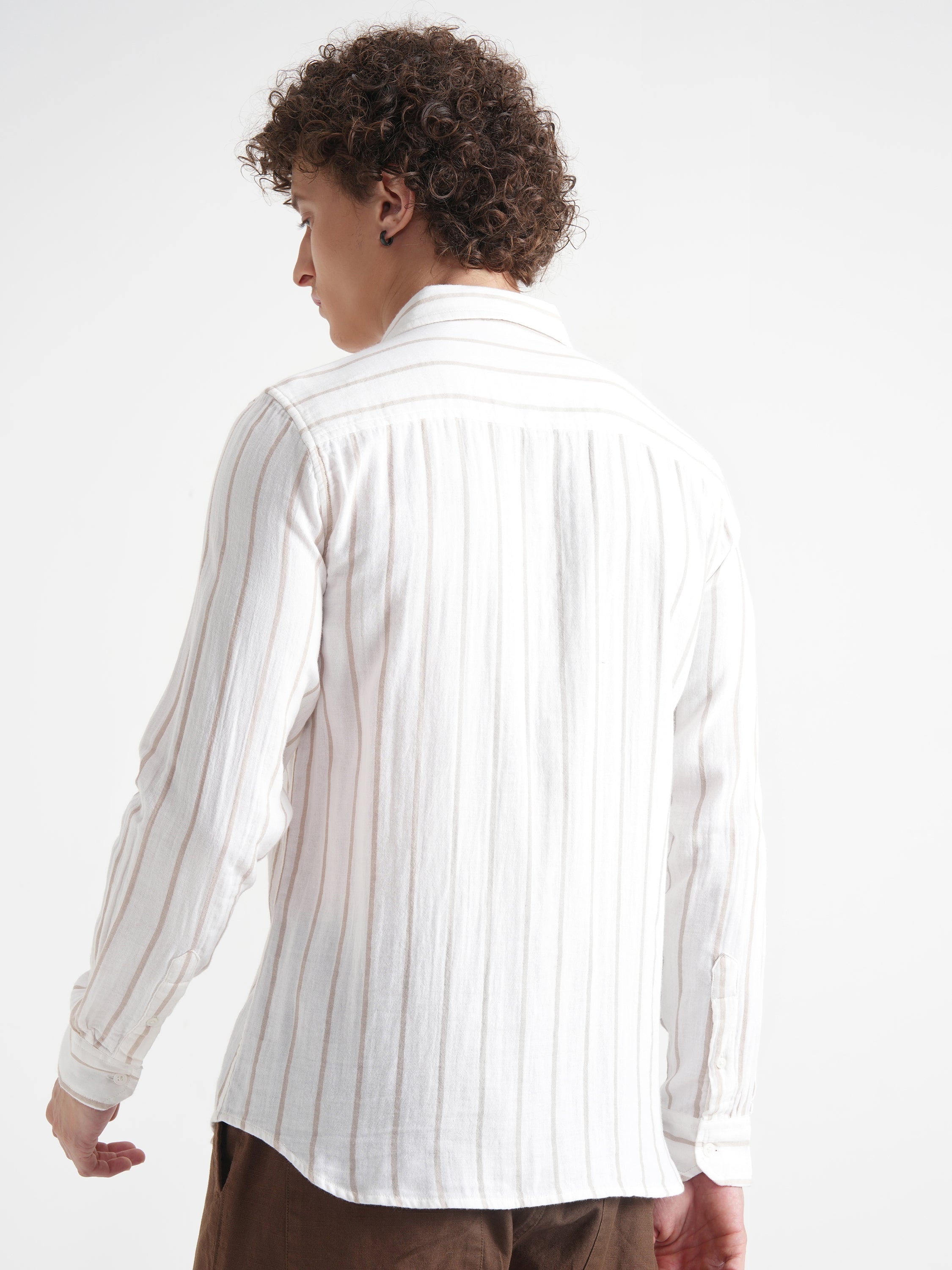 Highlander Men Cream Striped Slim Fit Casual Shirt - Cream - Image 3