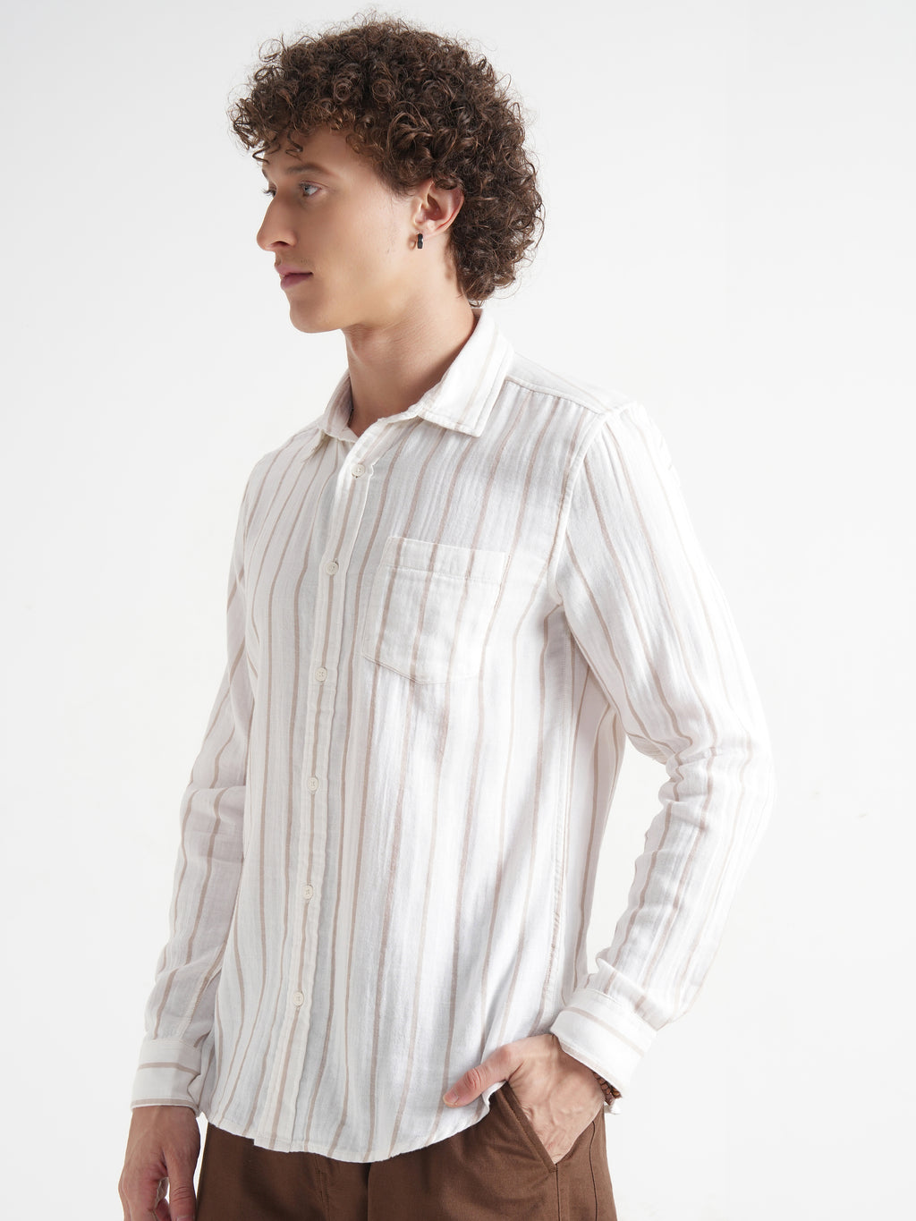 Highlander Men Cream Striped Slim Fit Casual Shirt - Cream - Image 4