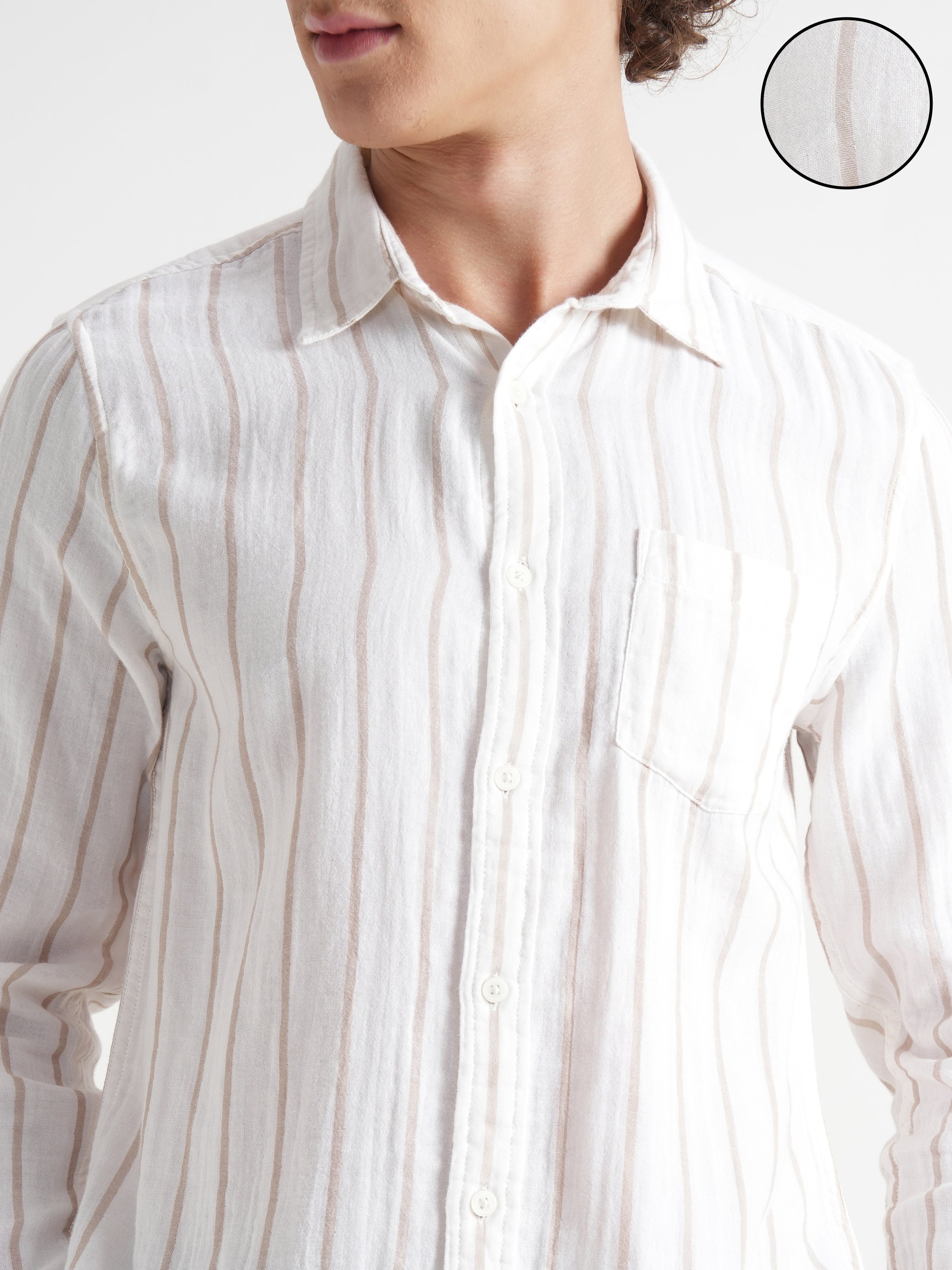 Highlander Men Cream Striped Slim Fit Casual Shirt - Cream - Image 5