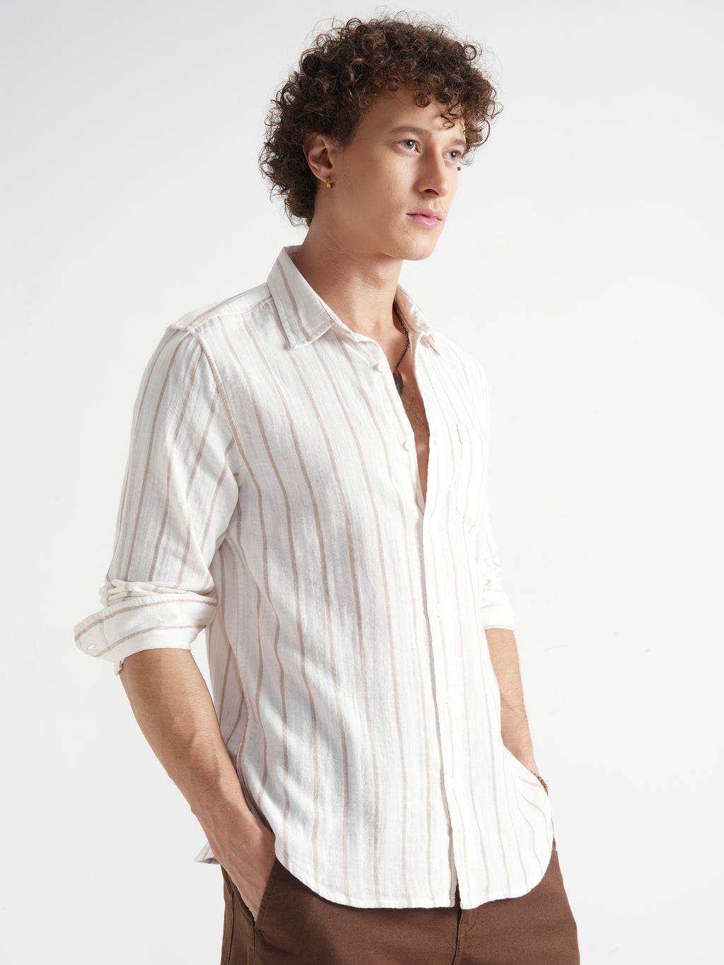 Highlander Men Cream Striped Slim Fit Casual Shirt - Cream - Image 6