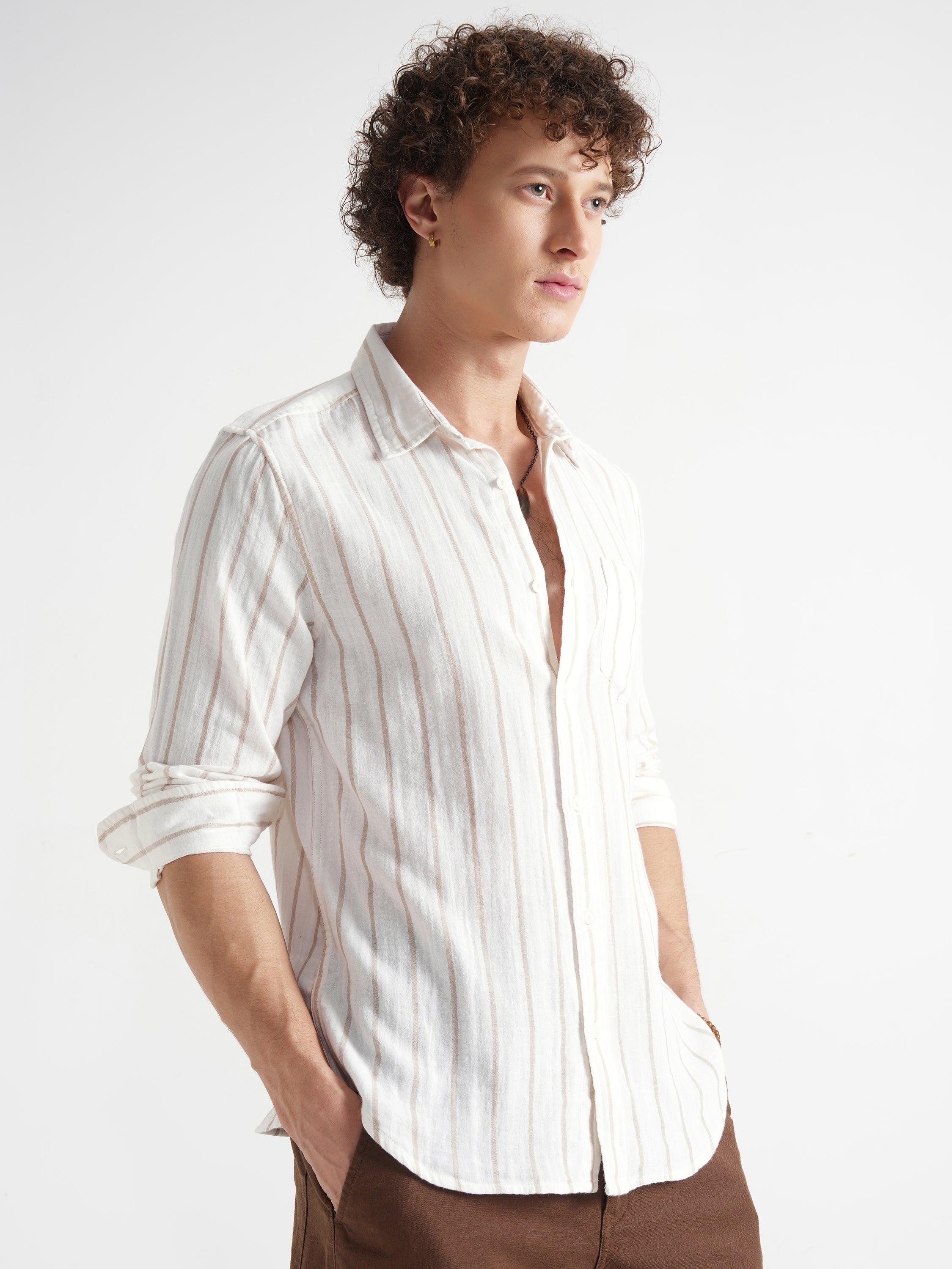 Highlander Men Cream Striped Slim Fit Casual Shirt - Cream - Image 6