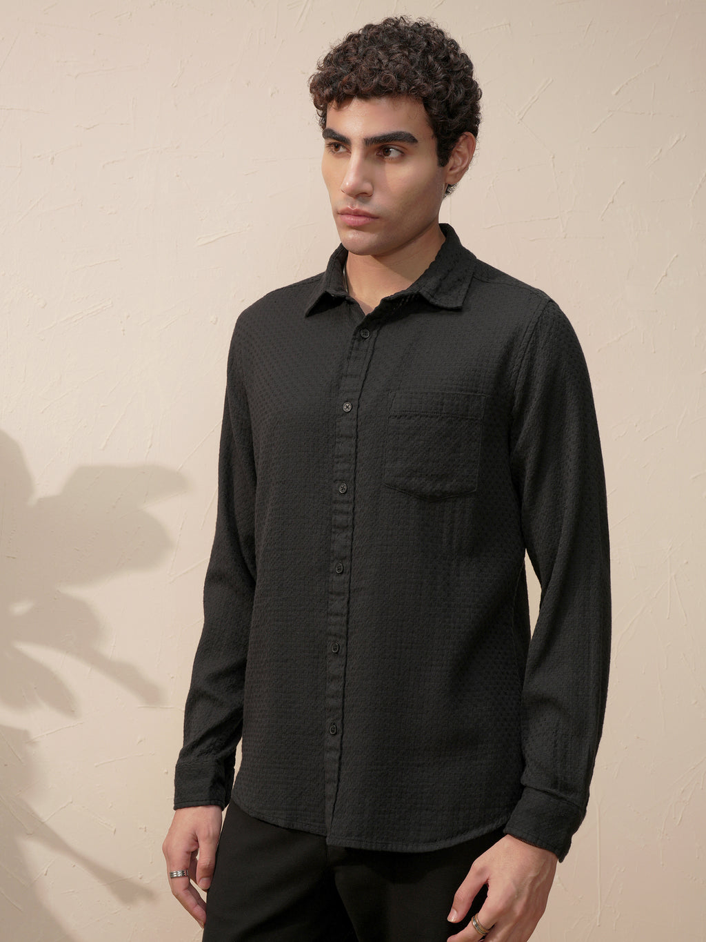 Highlander Men Black Self Design Slim Fit Casual Shirt - Black - Image 4