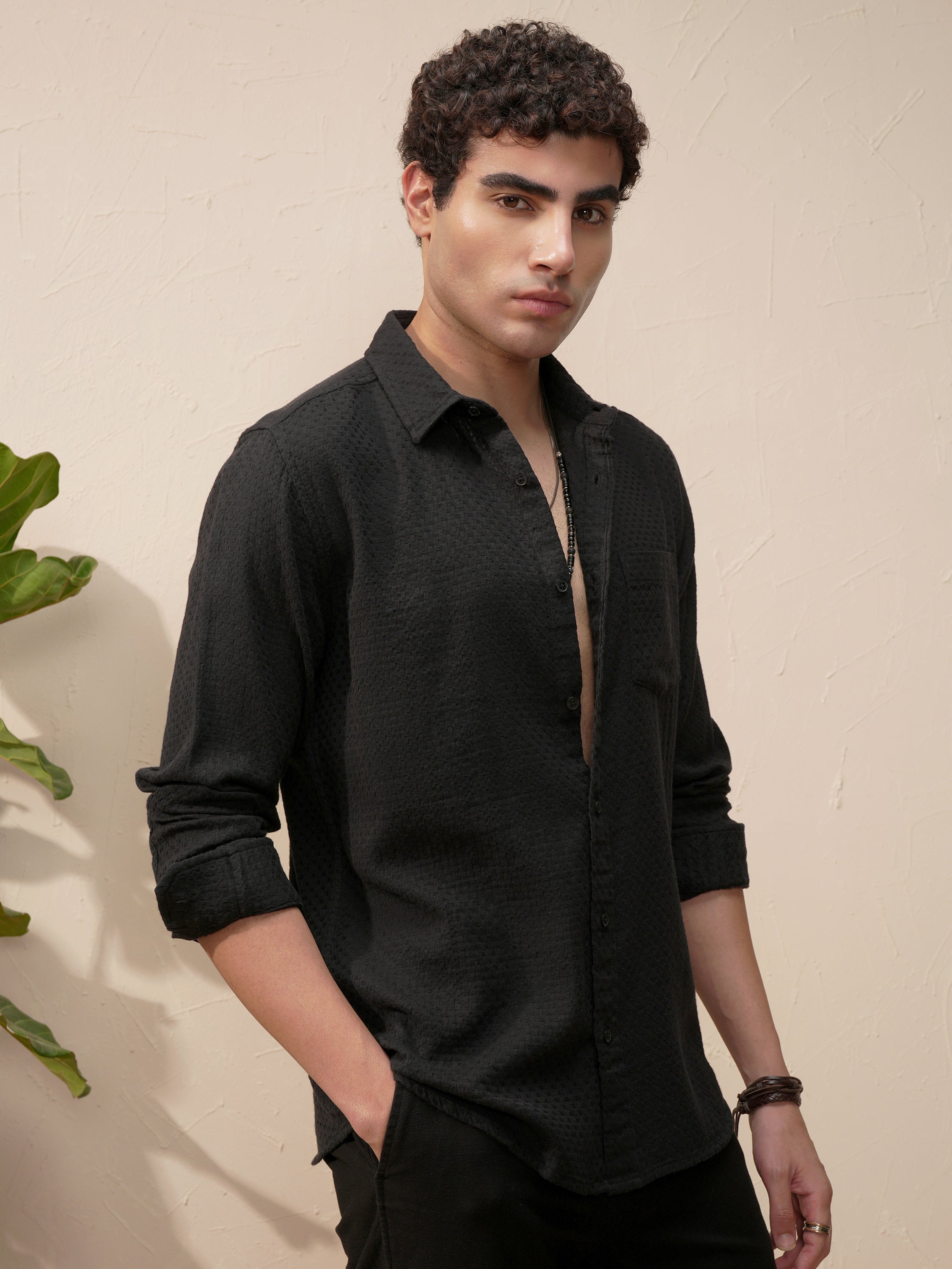 Highlander Men Black Self Design Slim Fit Casual Shirt - Black - Image 6