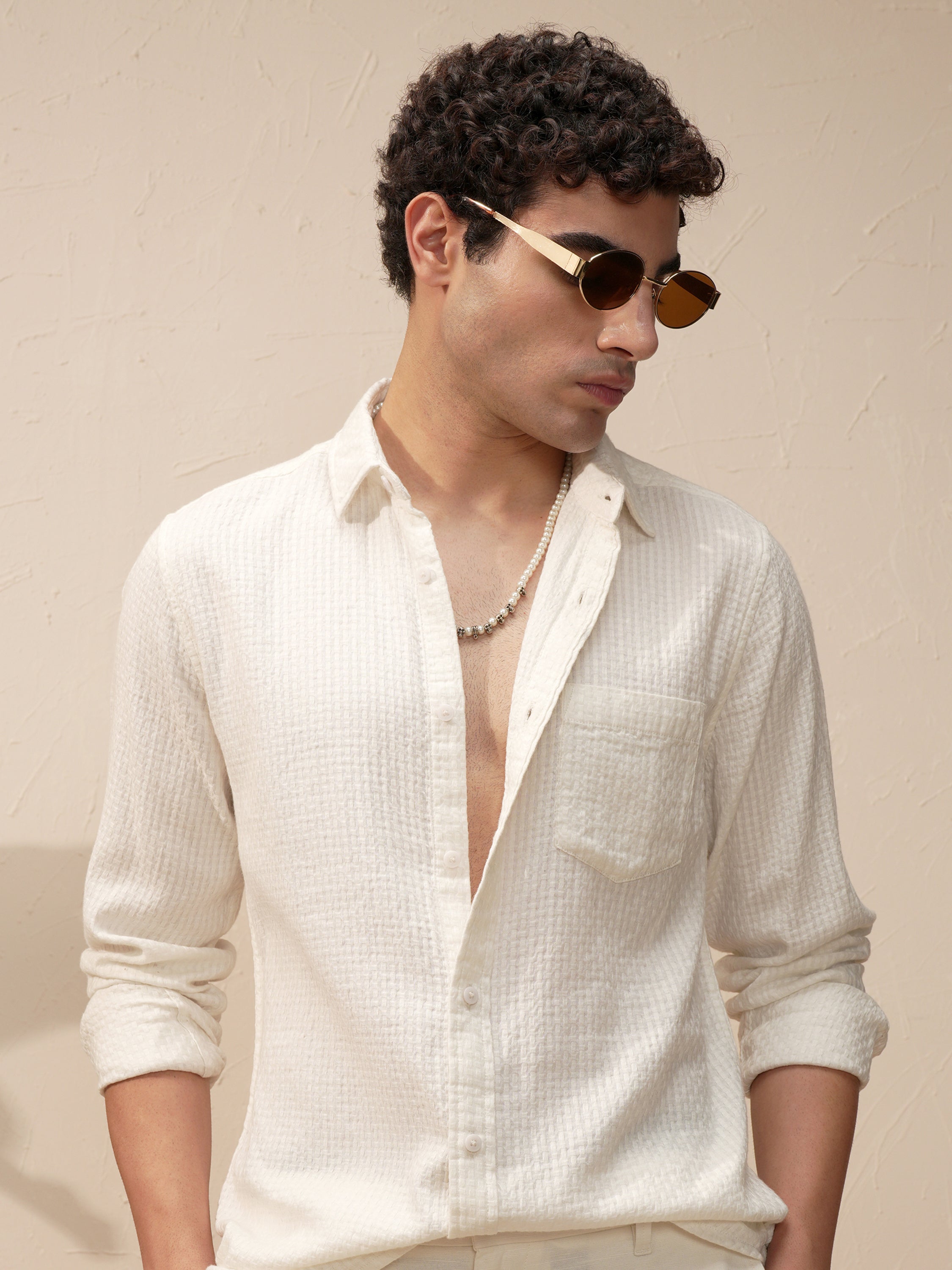 Highlander Men White Self Design Slim Fit Casual Shirt - White - Image 1