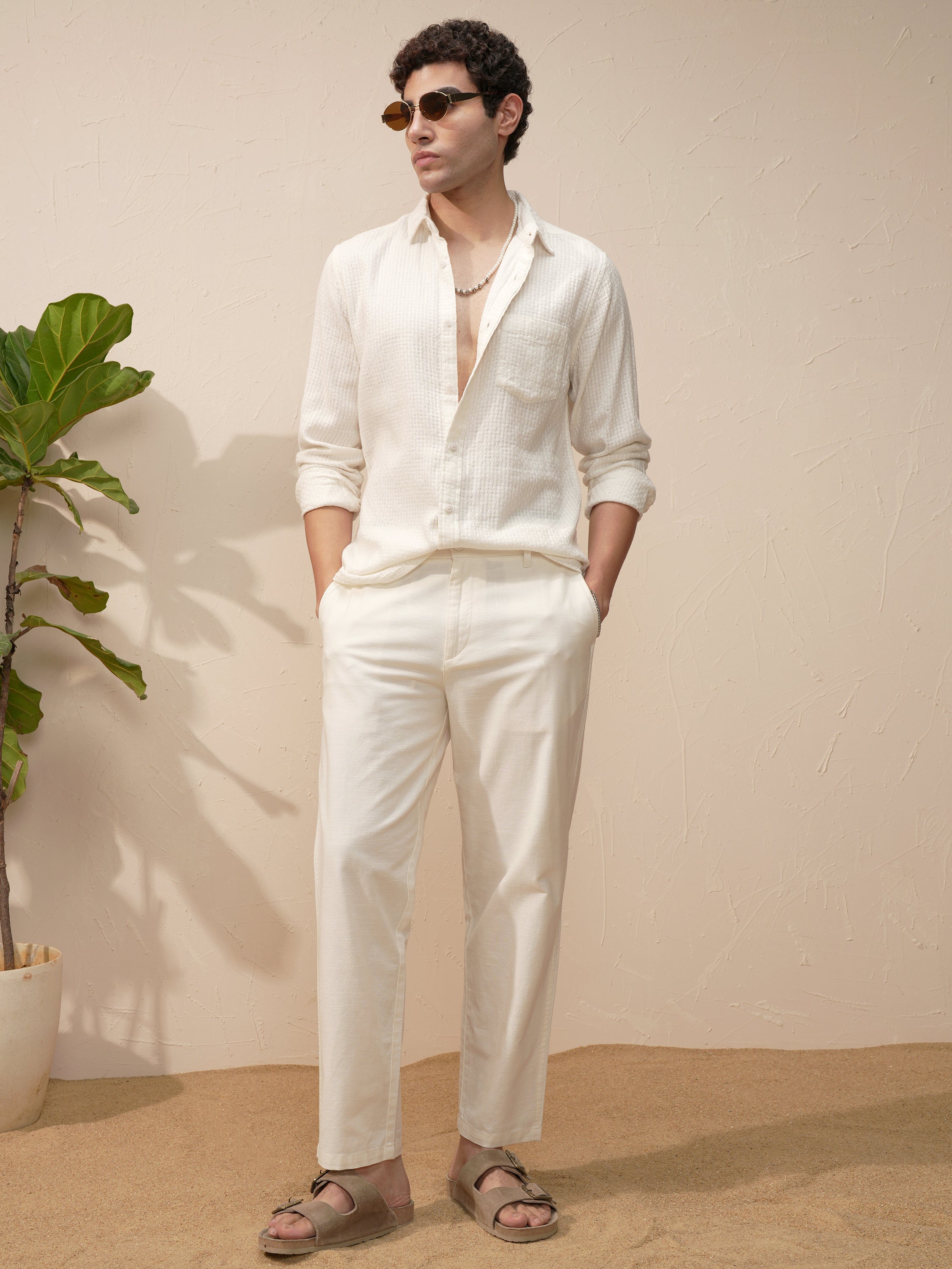Highlander Men White Self Design Slim Fit Casual Shirt - White - Image 2