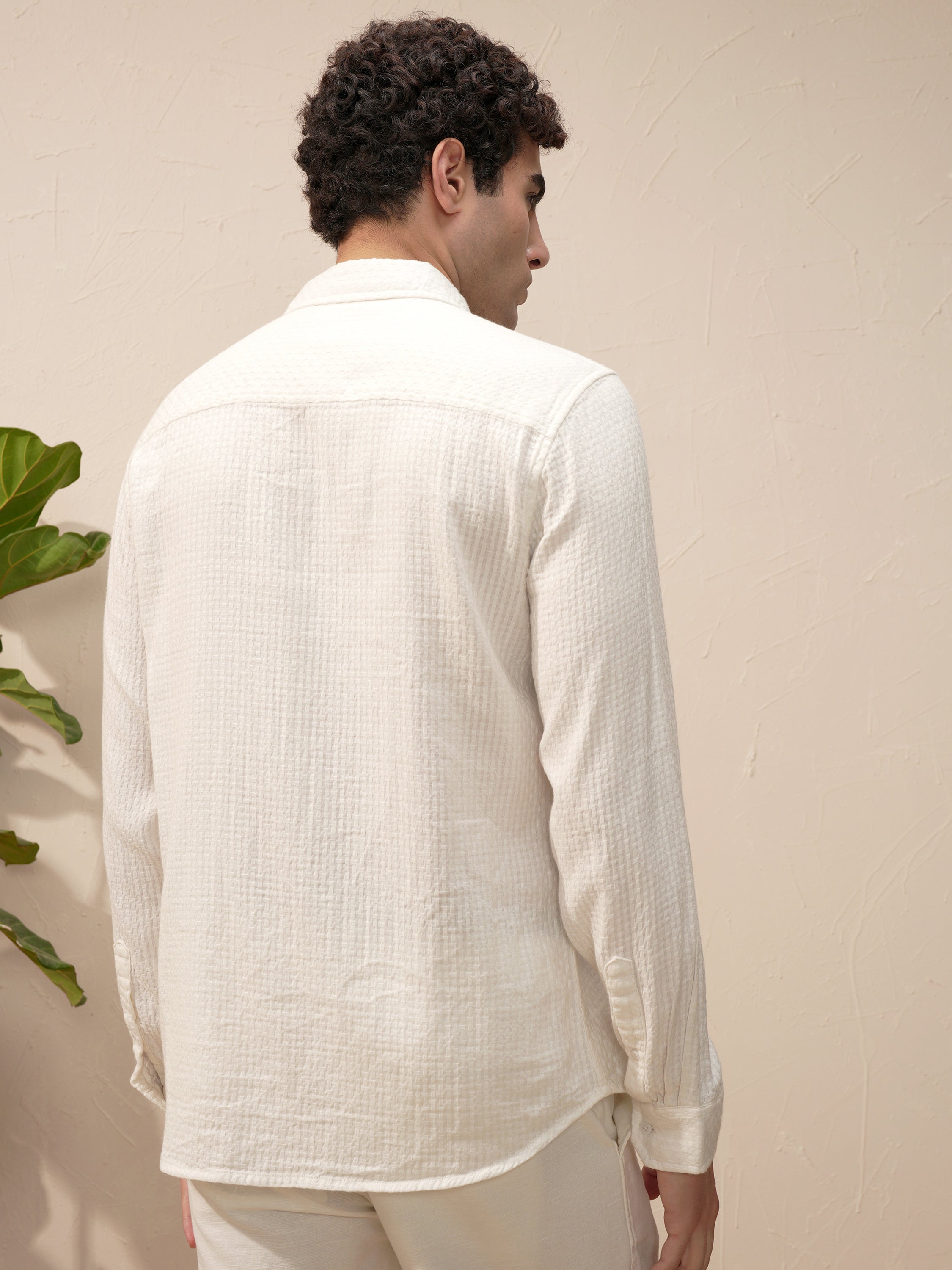 Highlander Men White Self Design Slim Fit Casual Shirt - White - Image 3
