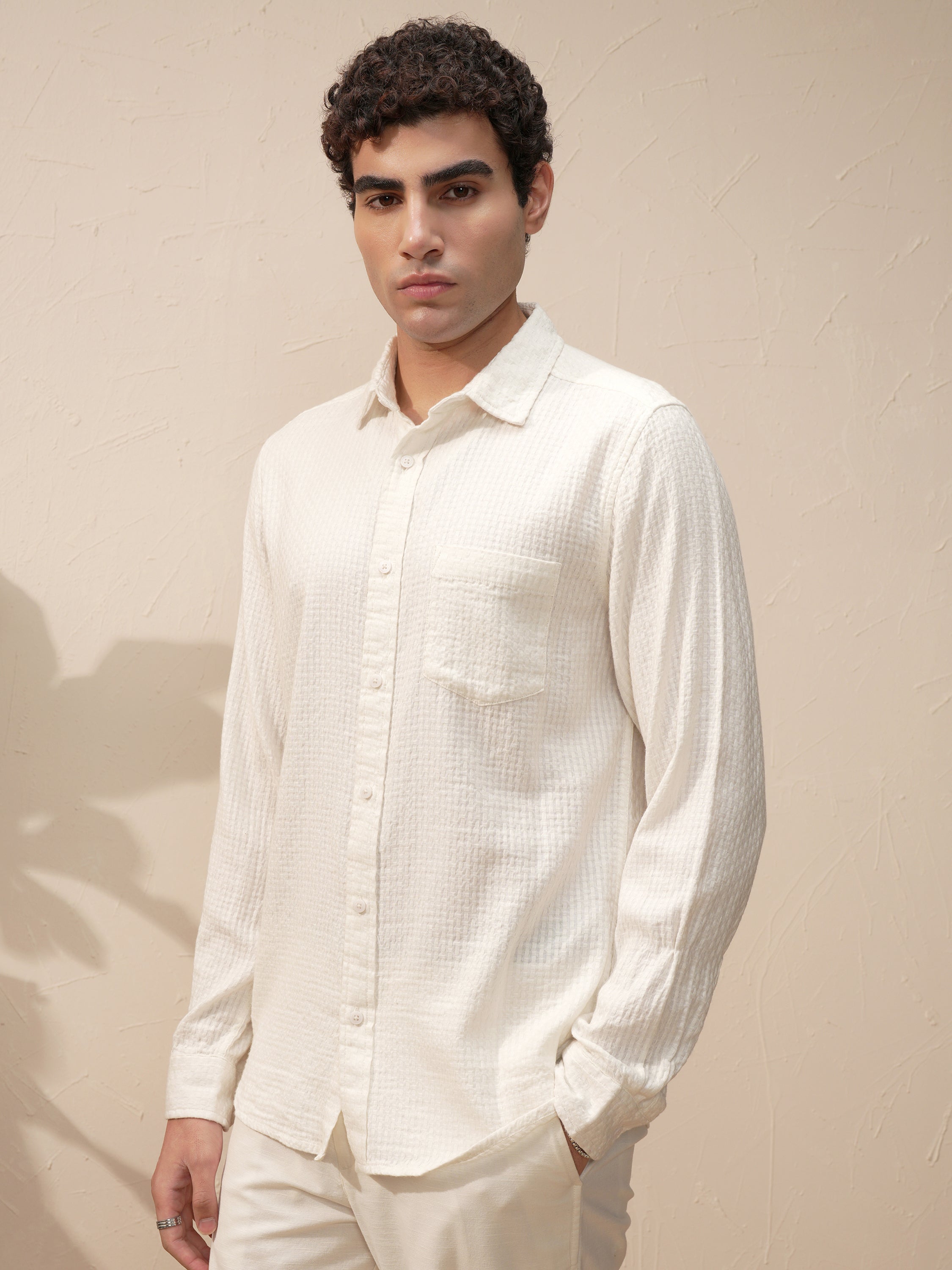 Highlander Men White Self Design Slim Fit Casual Shirt - White - Image 4