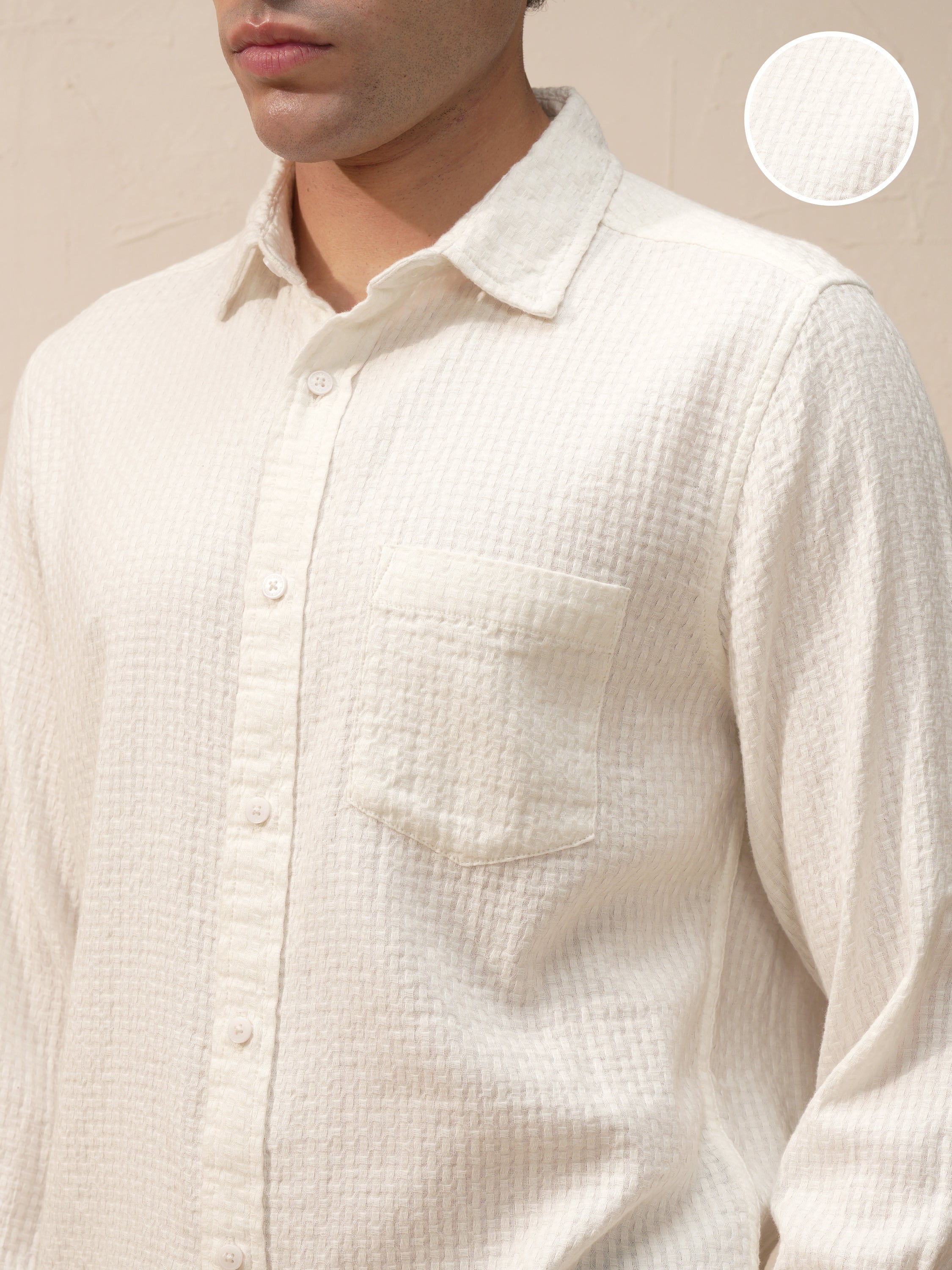 Highlander Men White Self Design Slim Fit Casual Shirt - White - Image 5
