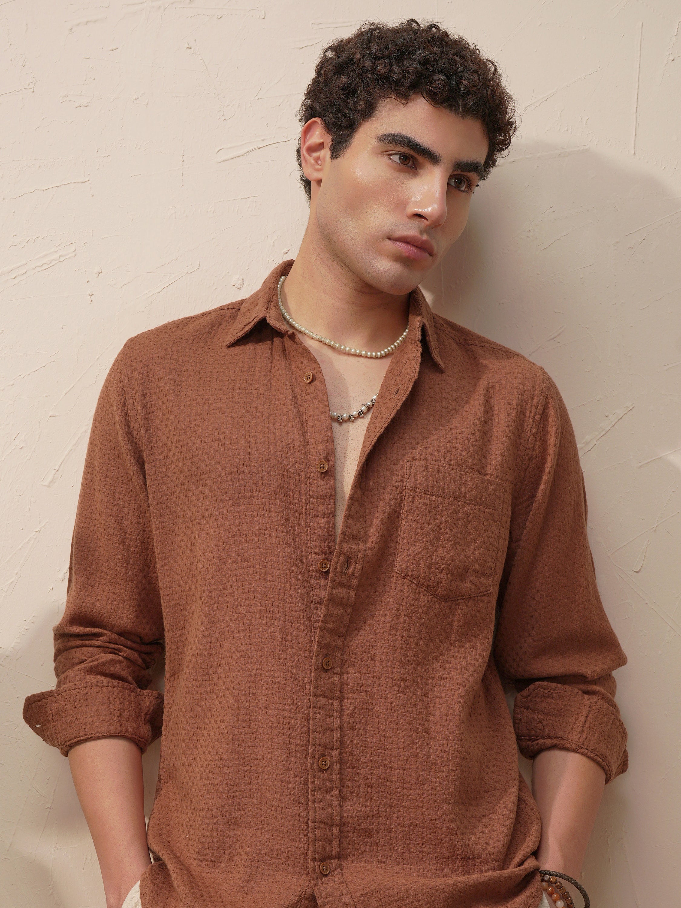 Highlander Men Brown Self Design Slim Fit Casual Shirt - Brown - Image 1