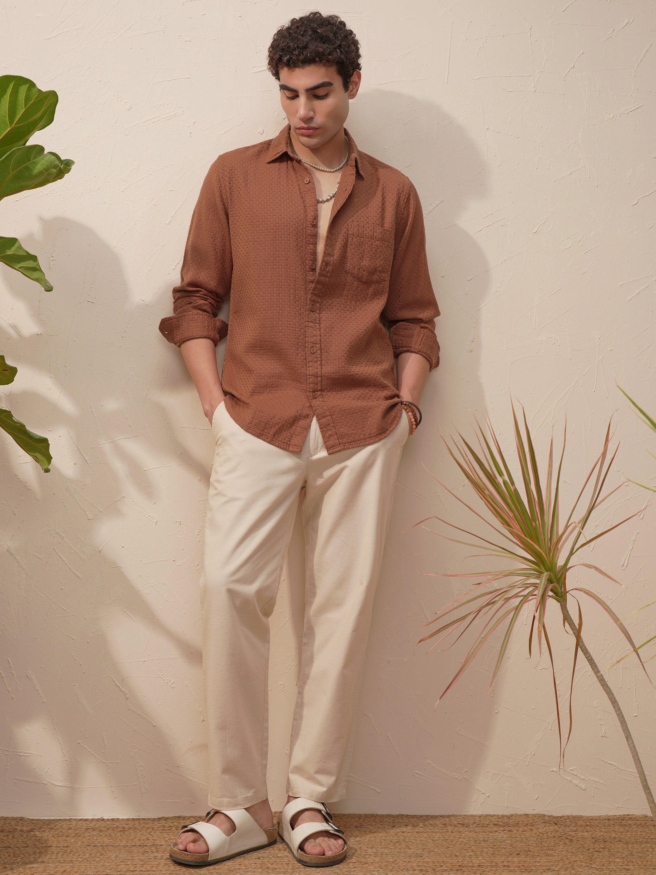 Highlander Men Brown Self Design Slim Fit Casual Shirt - Brown - Image 2