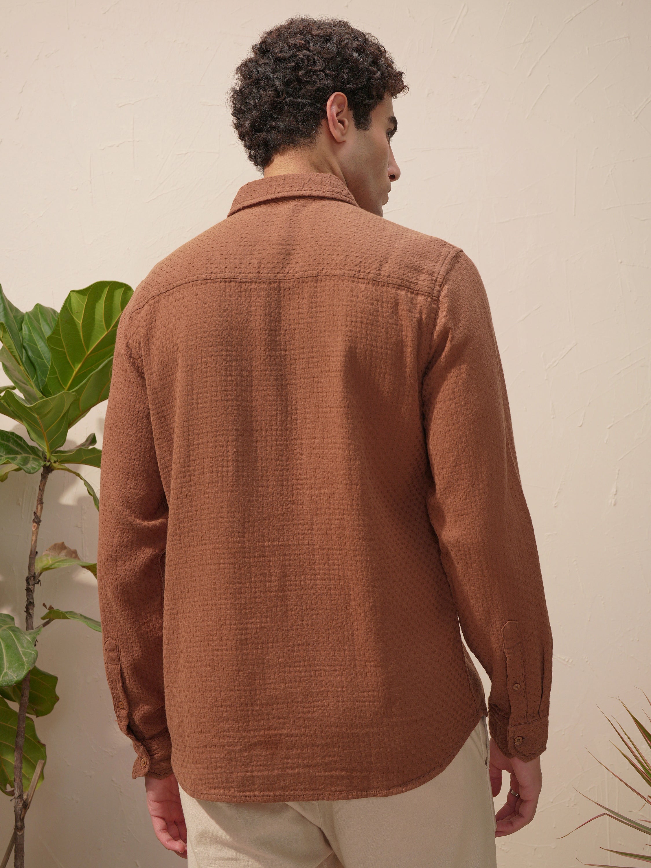 Highlander Men Brown Self Design Slim Fit Casual Shirt - Brown - Image 3