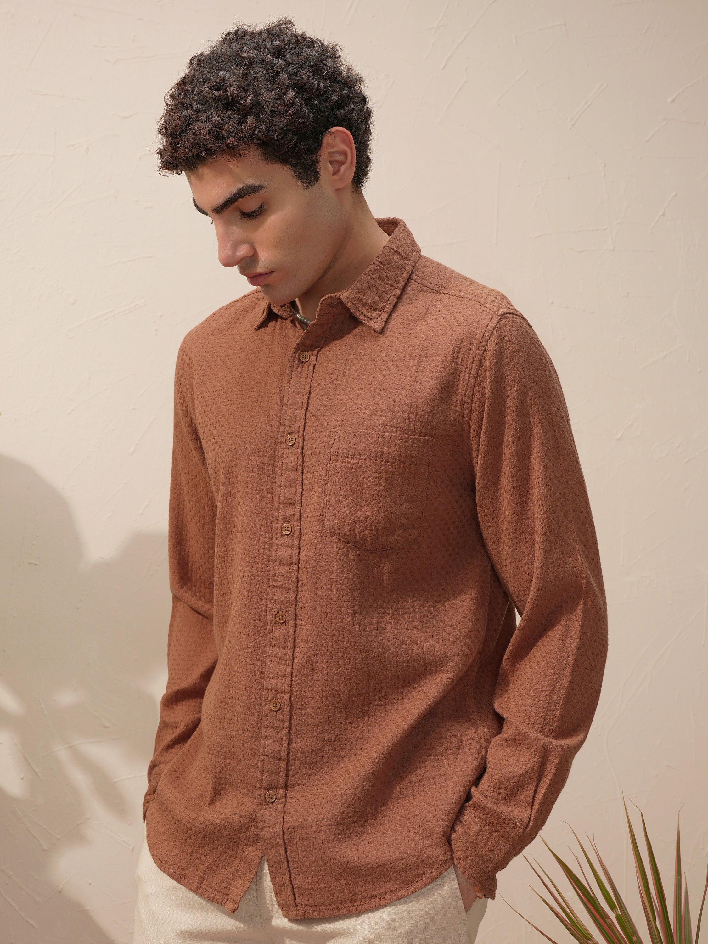 Highlander Men Brown Self Design Slim Fit Casual Shirt - Brown - Image 4