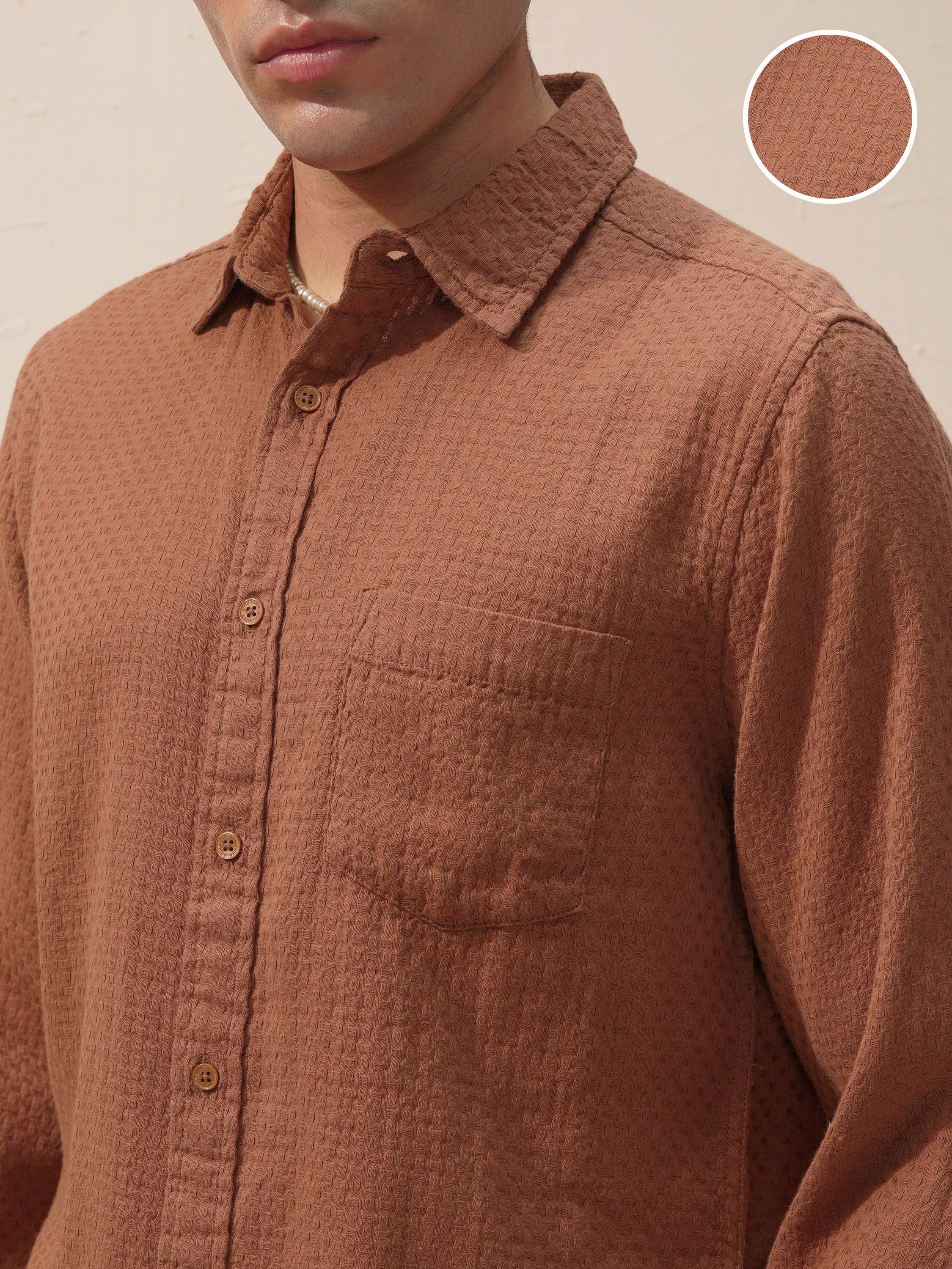 Highlander Men Brown Self Design Slim Fit Casual Shirt - Brown - Image 5