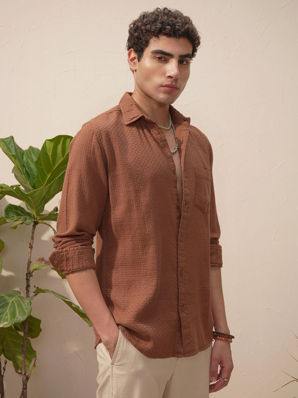 Highlander Men Brown Self Design Slim Fit Casual Shirt - Brown - Image 6