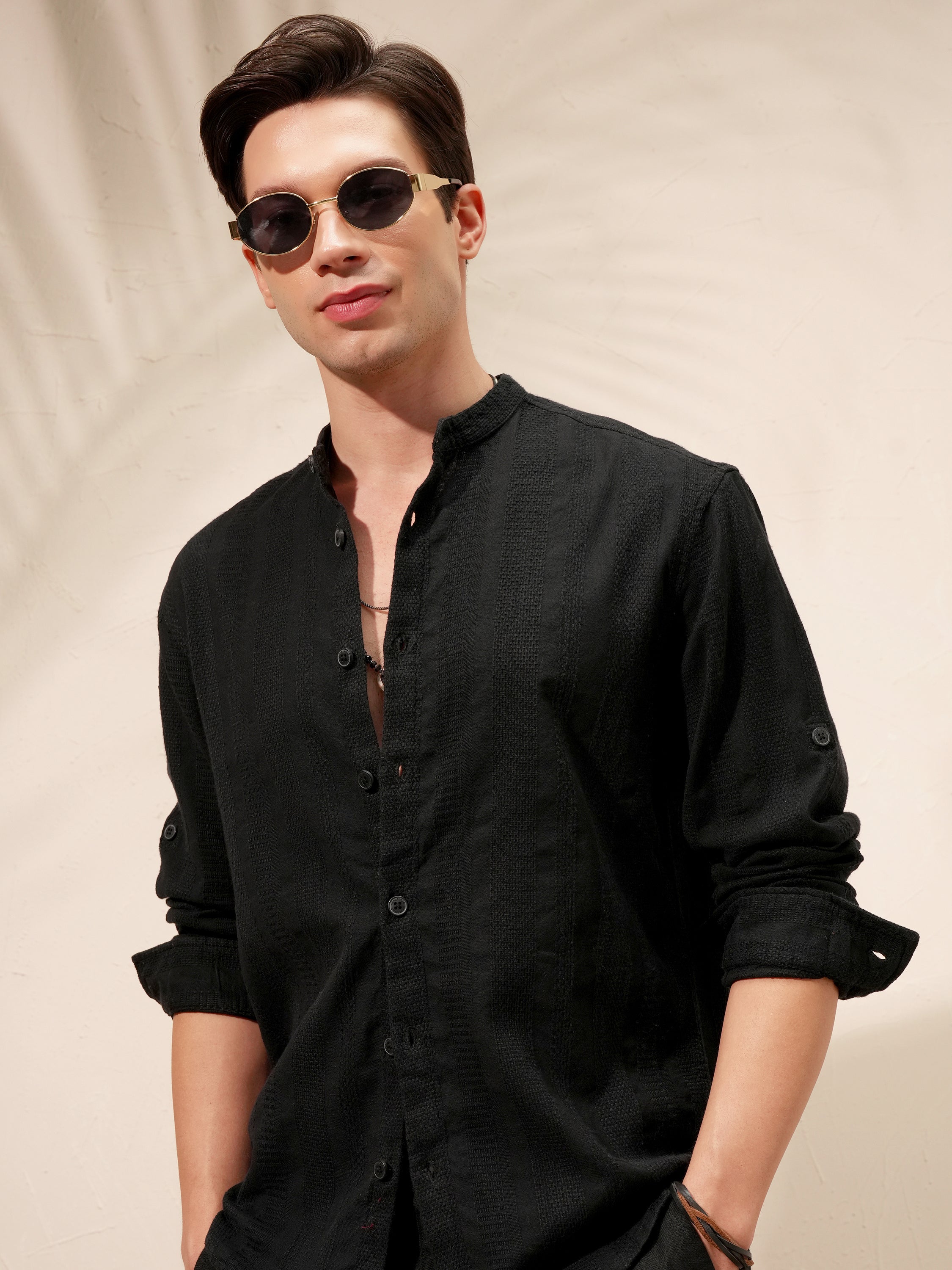 Highlander Men Black Self Design Relaxed Fit Casual Shirt - Black - Image 1