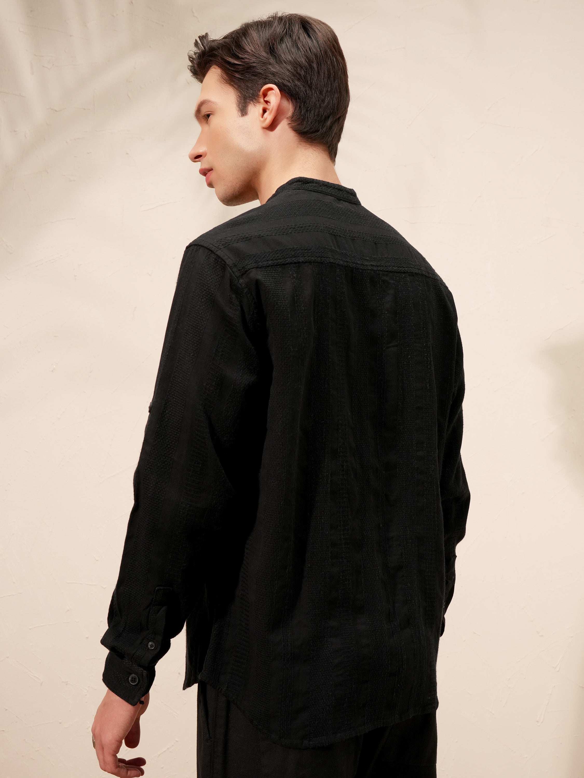 Highlander Men Black Self Design Relaxed Fit Casual Shirt - Black - Image 3