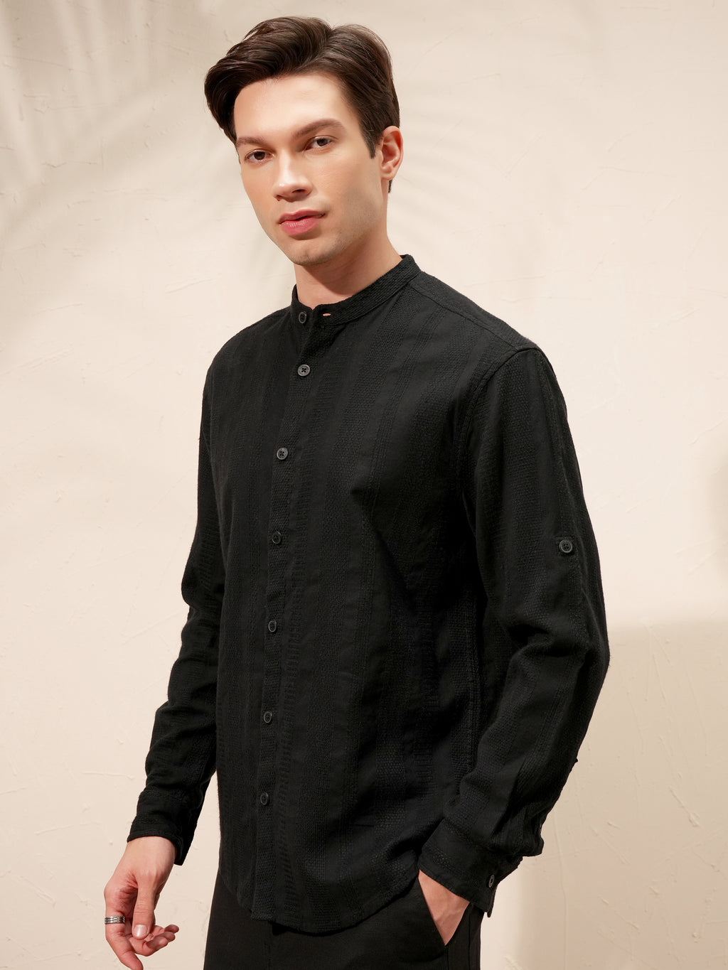 Highlander Men Black Self Design Relaxed Fit Casual Shirt - Black - Image 4