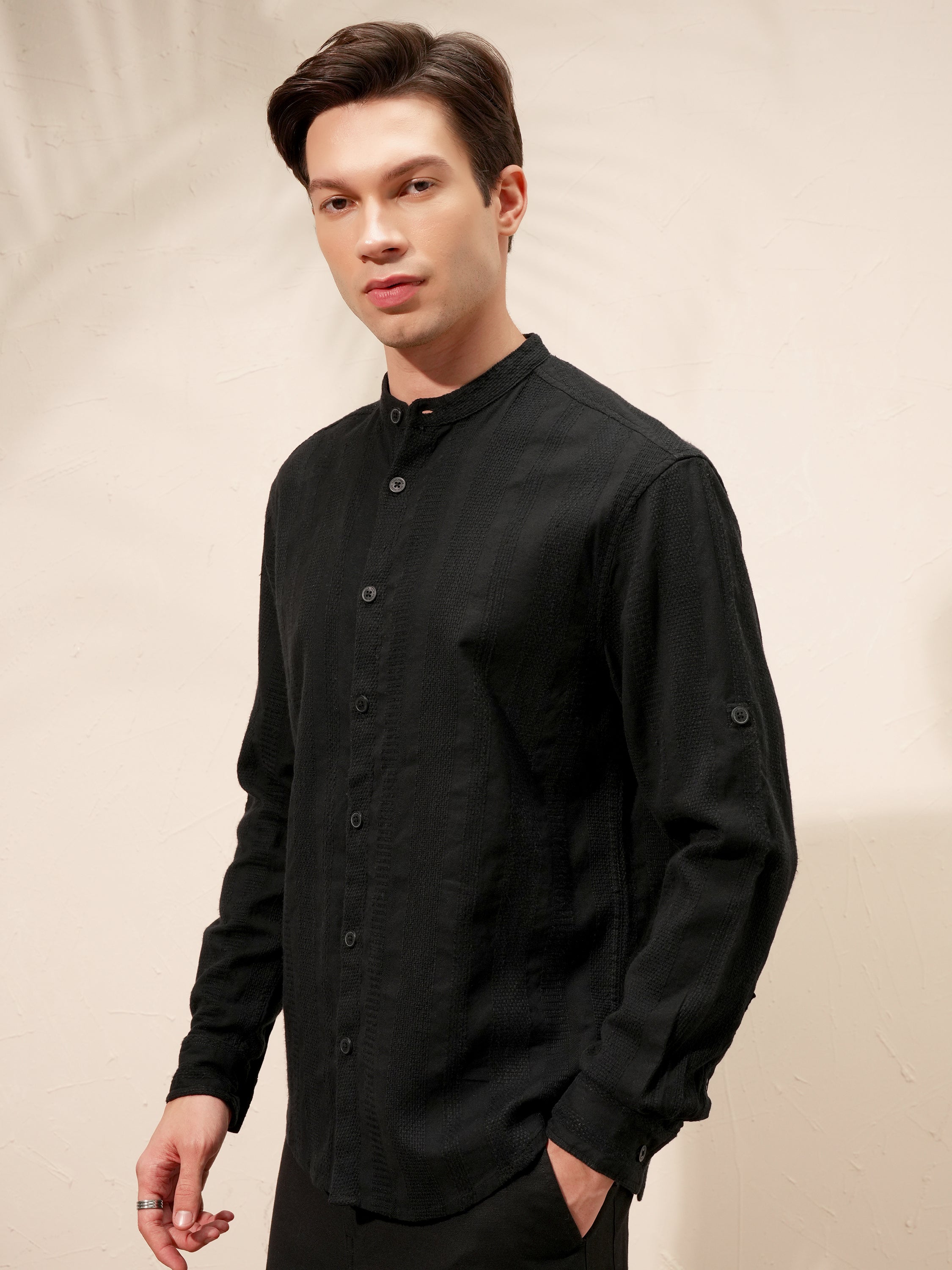 Highlander Men Black Self Design Relaxed Fit Casual Shirt - Black - Image 4
