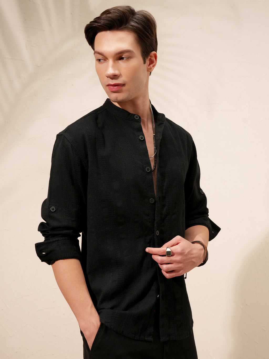 Highlander Men Black Self Design Relaxed Fit Casual Shirt - Black - Image 6