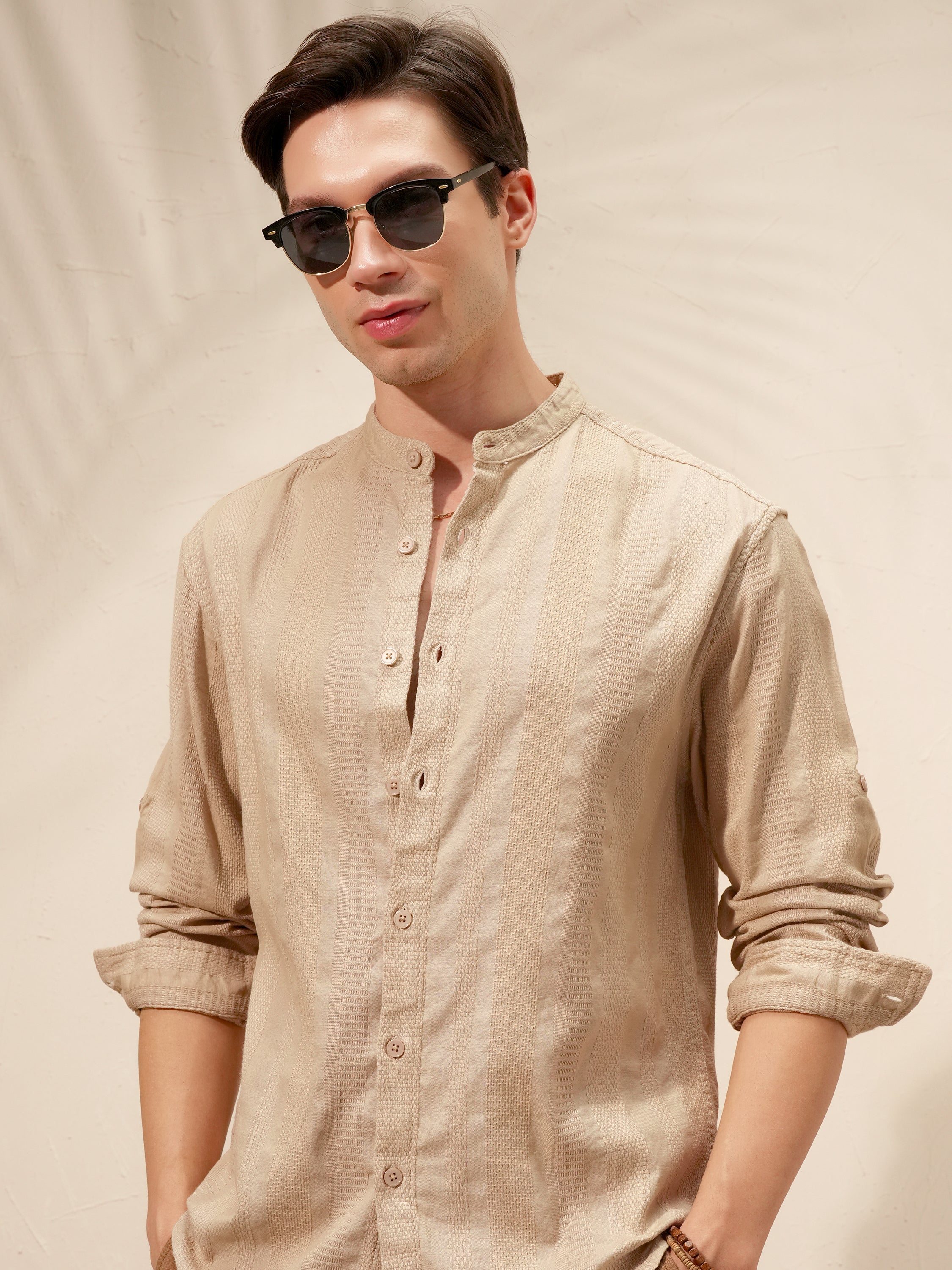 Highlander Men Beige Self Design Relaxed Fit Casual Shirt - Beige - Image 1