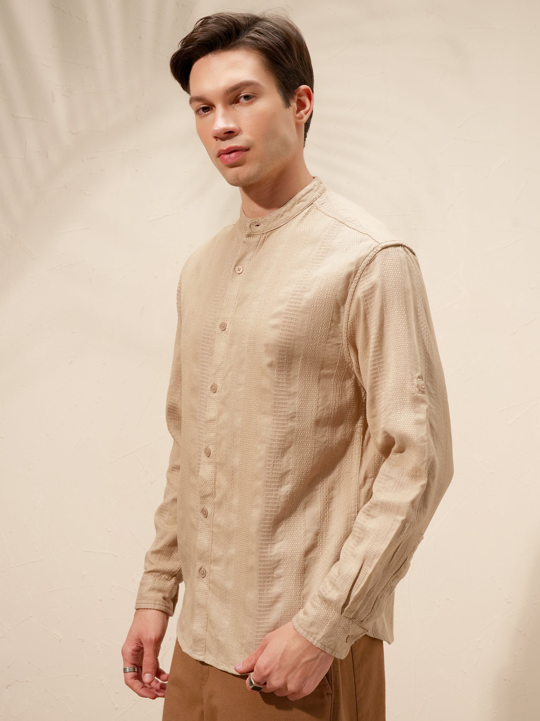 Highlander Men Beige Self Design Relaxed Fit Casual Shirt - Beige - Image 4