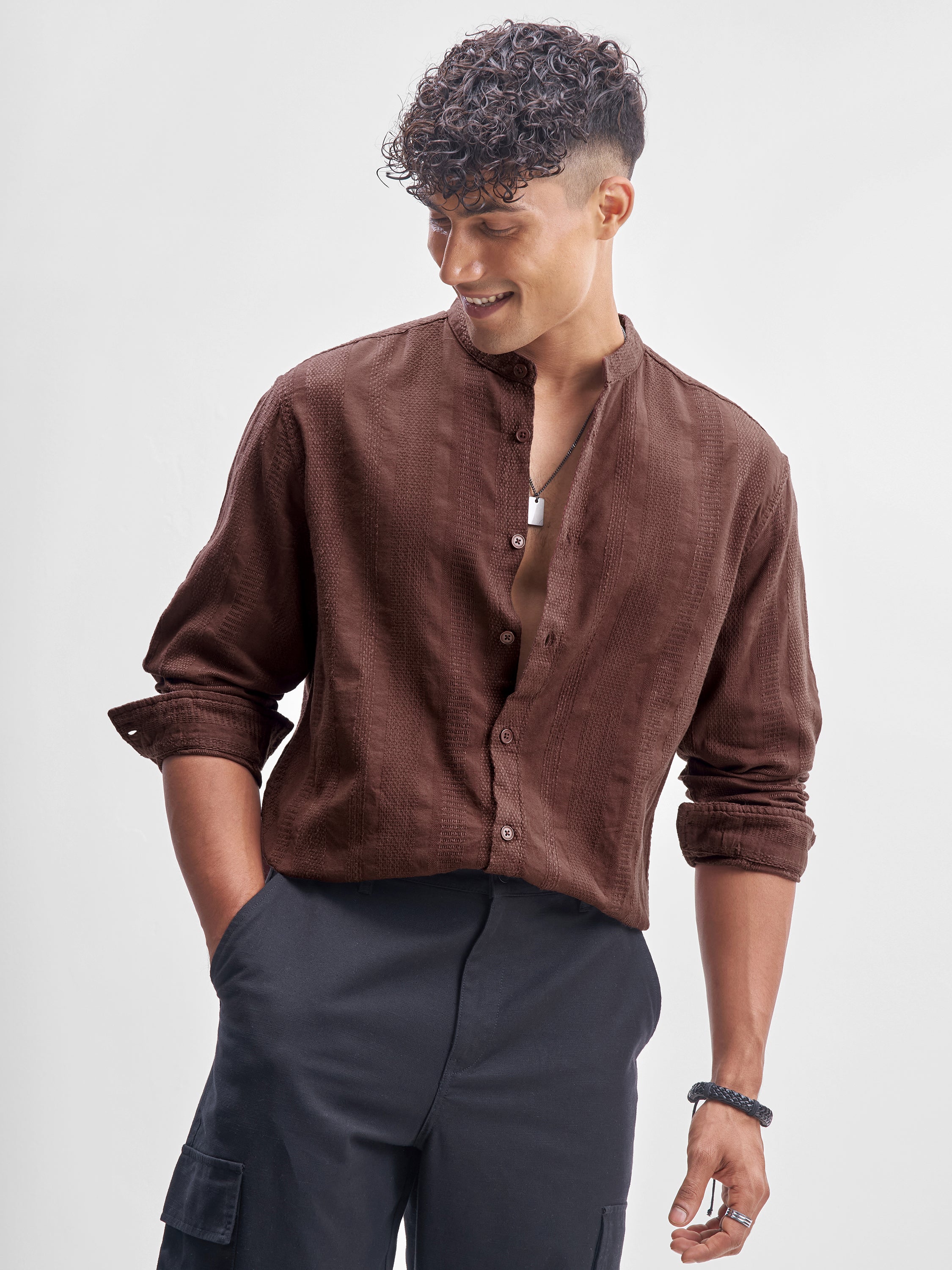 Highlander Men Brown Self Design Relaxed Fit Casual Shirt - Brown - Image 1