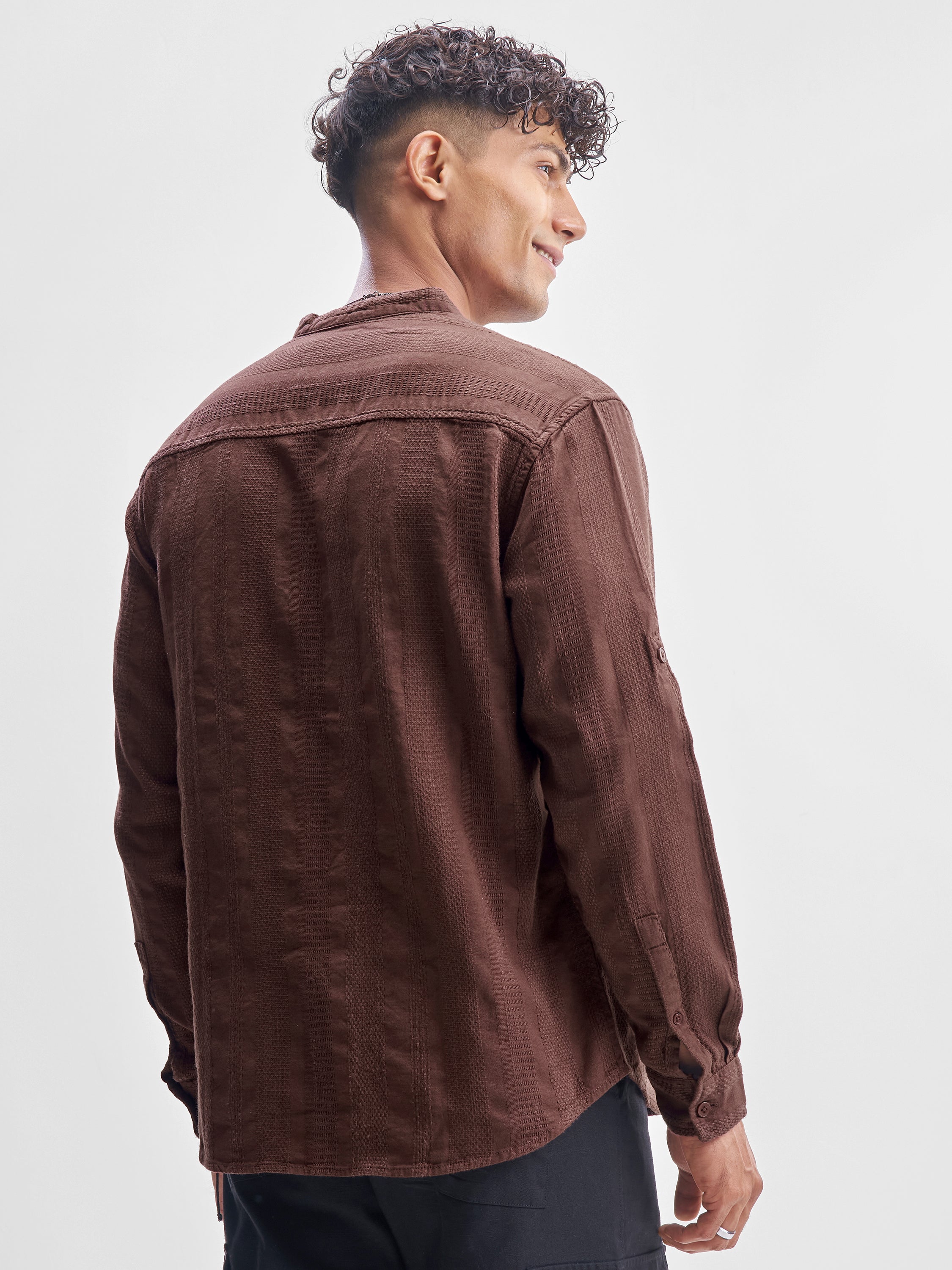 Highlander Men Brown Self Design Relaxed Fit Casual Shirt - Brown - Image 3