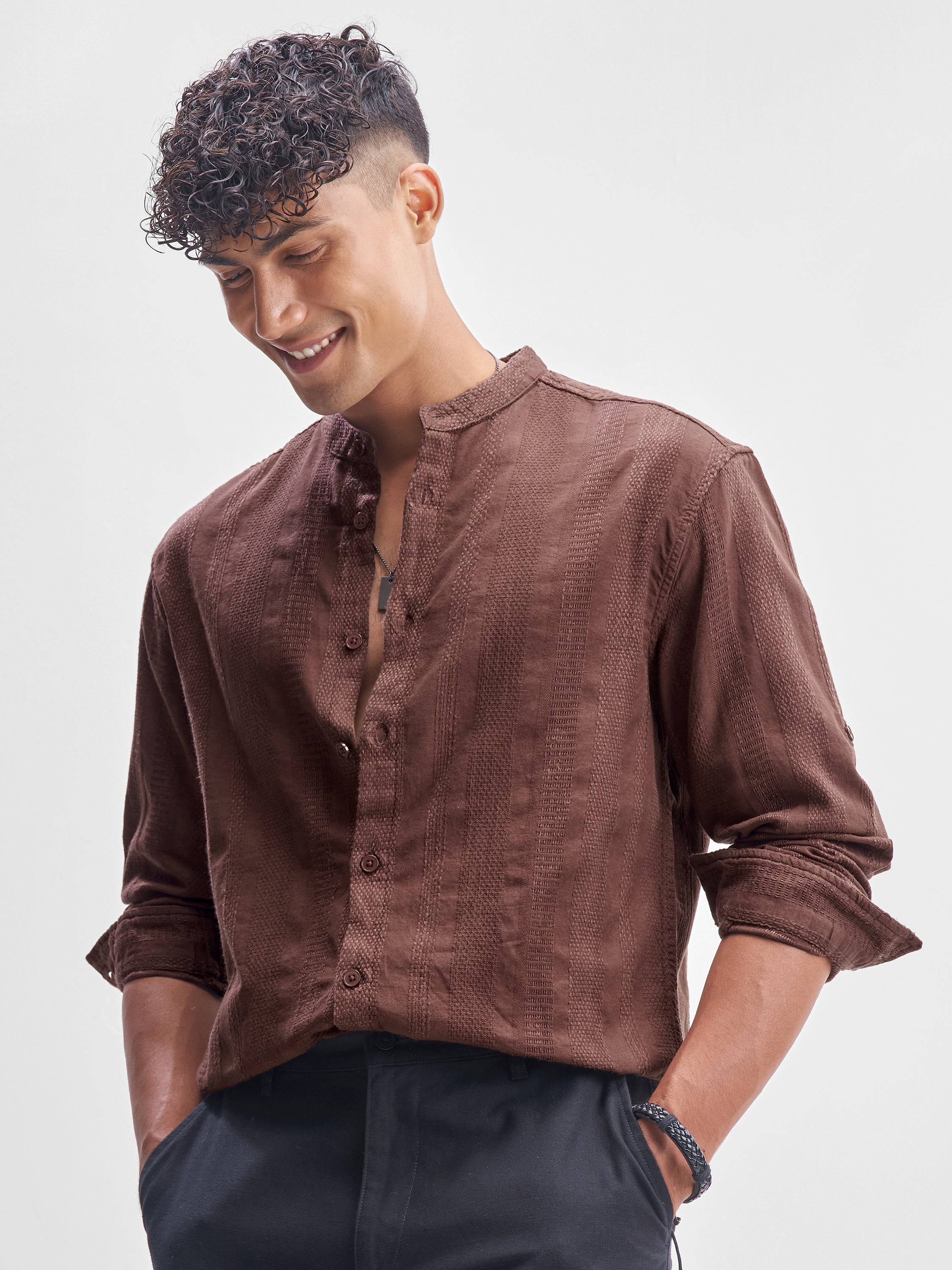 Highlander Men Brown Self Design Relaxed Fit Casual Shirt - Brown - Image 4