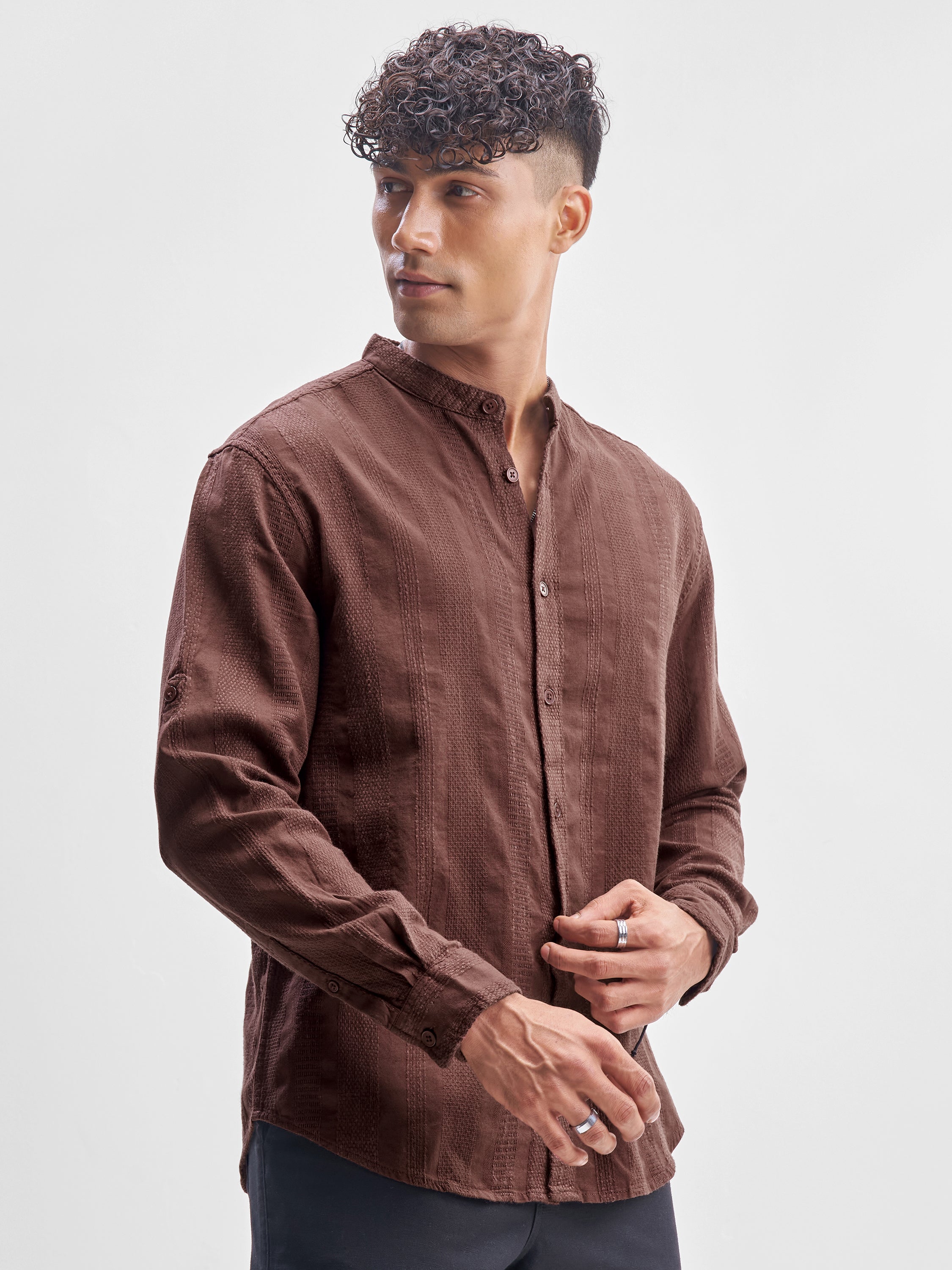 Highlander Men Brown Self Design Relaxed Fit Casual Shirt - Brown - Image 6