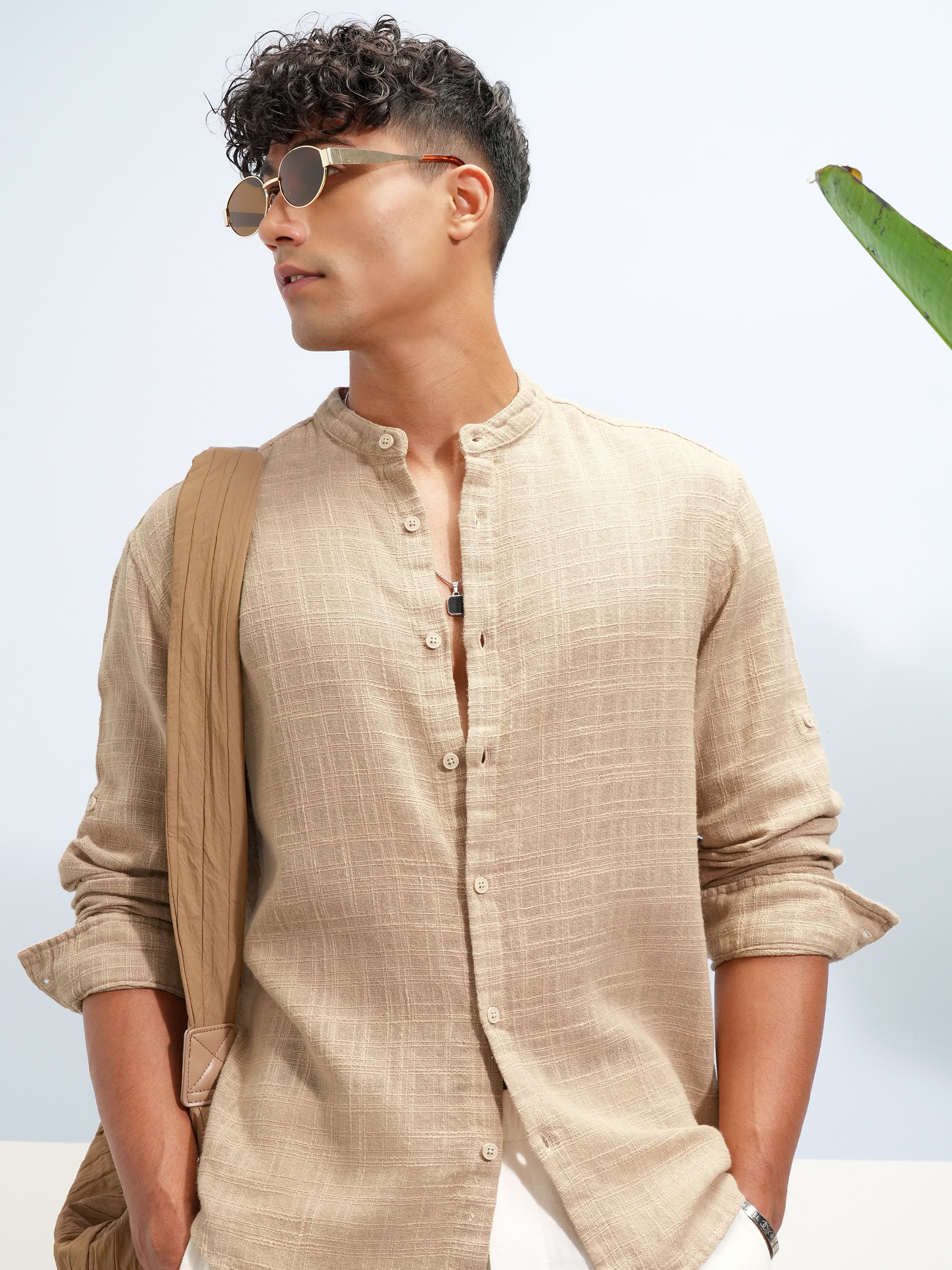 Highlander Men Beige Self Design Relaxed Fit Casual Shirt - Beige - Image 1