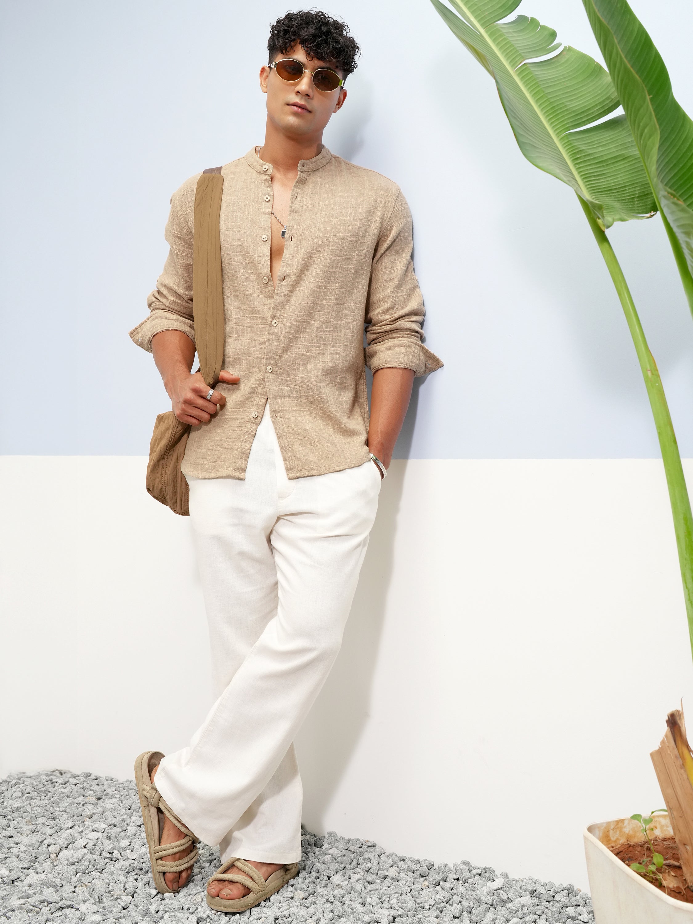 Highlander Men Beige Self Design Relaxed Fit Casual Shirt - Beige - Image 2