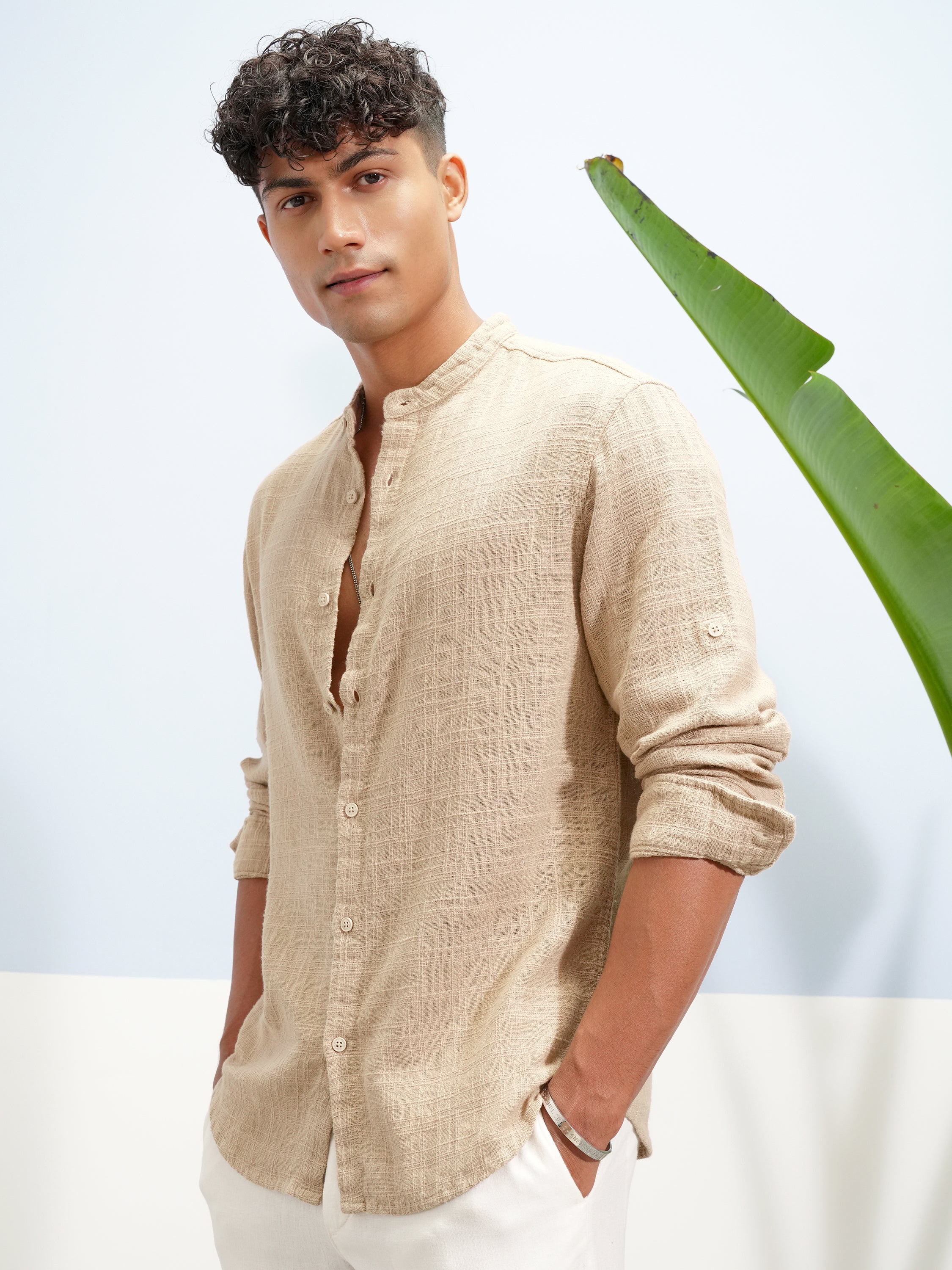 Highlander Men Beige Self Design Relaxed Fit Casual Shirt - Beige - Image 4