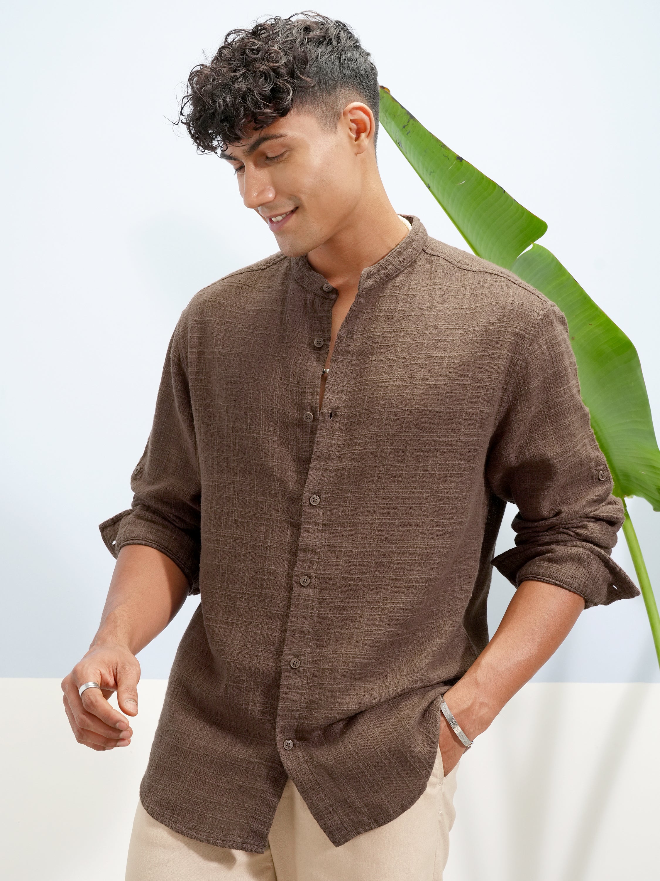 Highlander Men Brown Self Design Relaxed Fit Casual Shirt - Brown - Image 4
