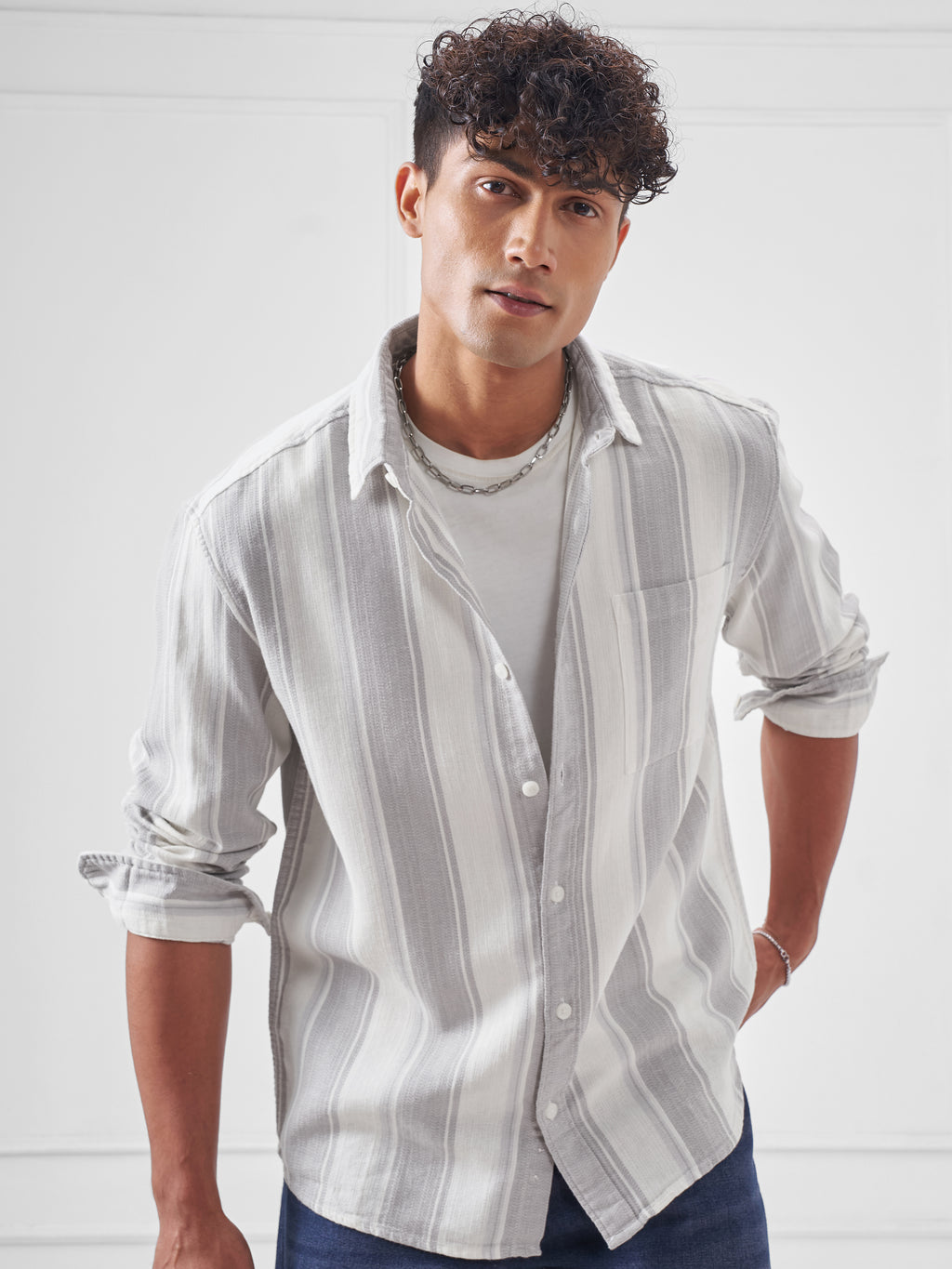 Highlander Men Grey Striped Relaxed Fit Casual Shirt - Grey - Image 1