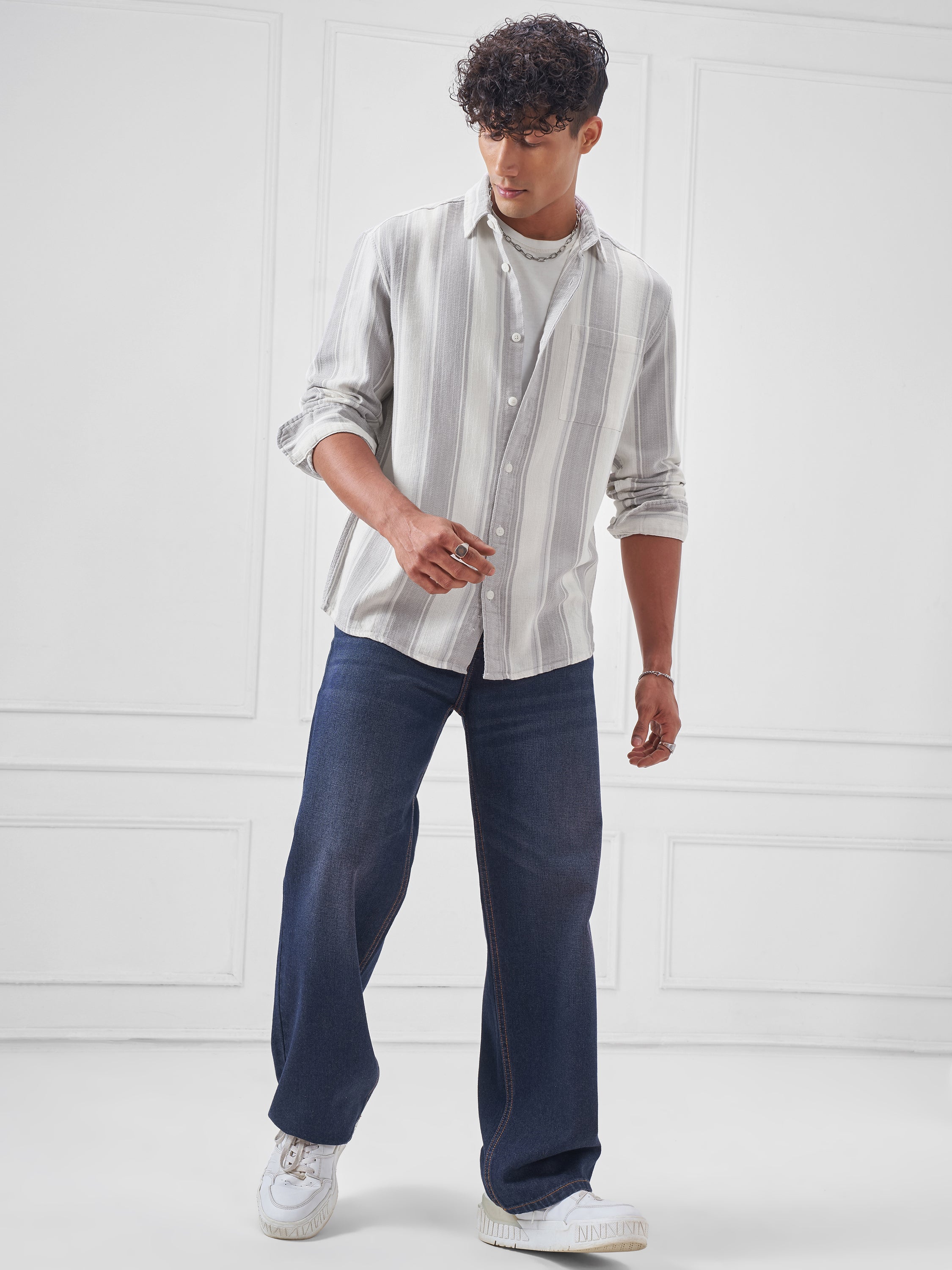 Highlander Men Grey Striped Relaxed Fit Casual Shirt - Grey - Image 2