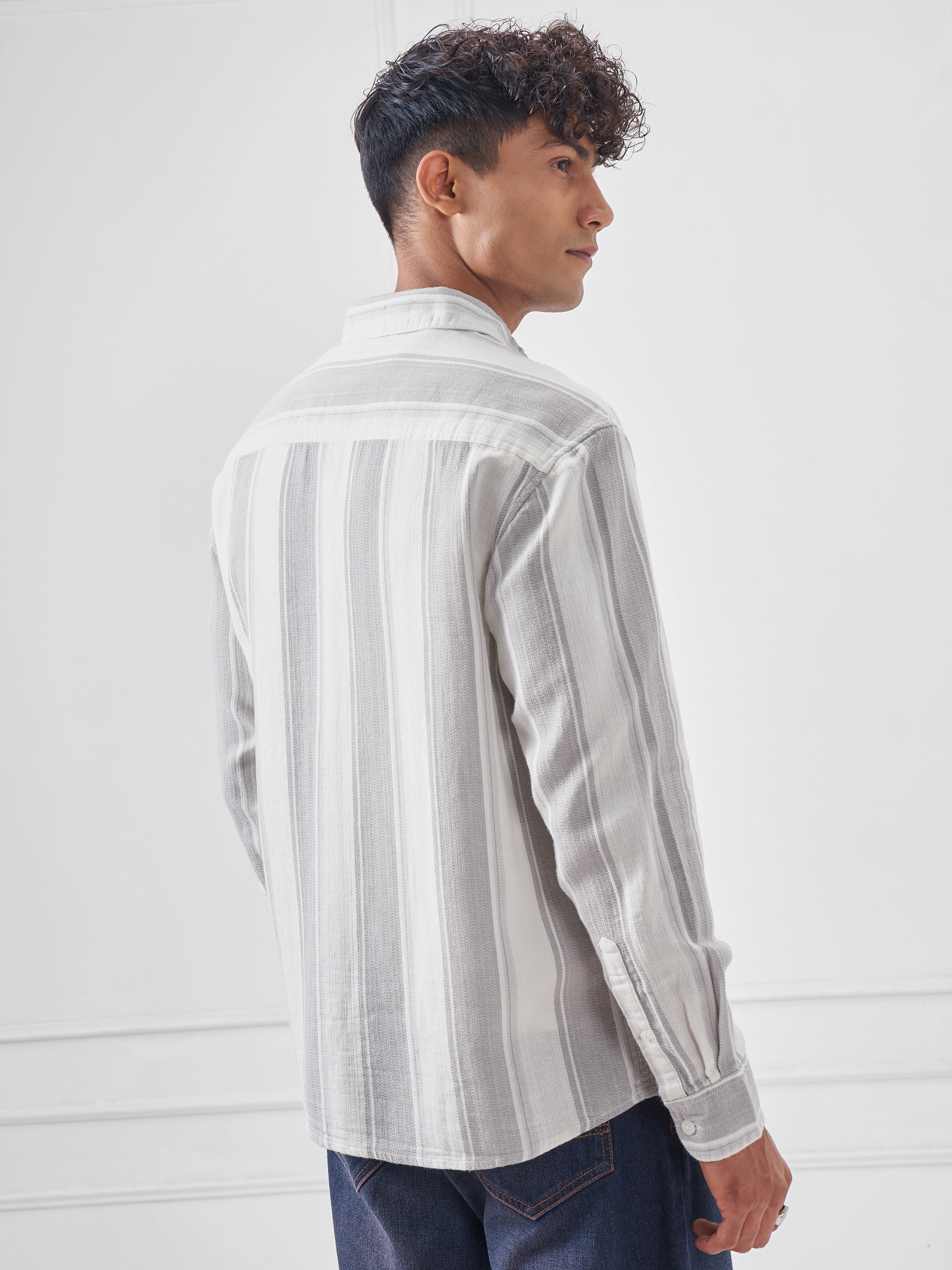 Highlander Men Grey Striped Relaxed Fit Casual Shirt - Grey - Image 3