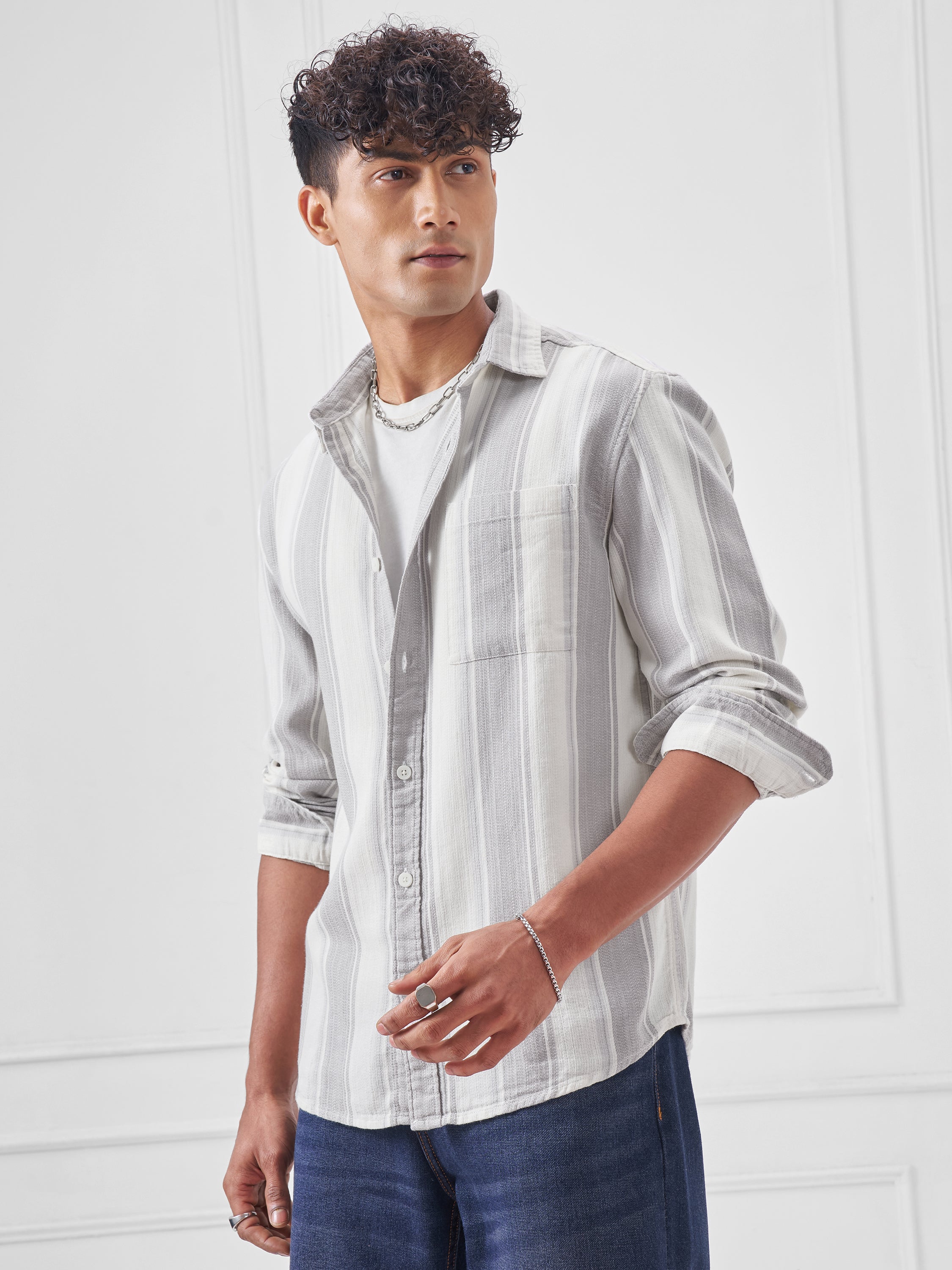 Highlander Men Grey Striped Relaxed Fit Casual Shirt - Grey - Image 4