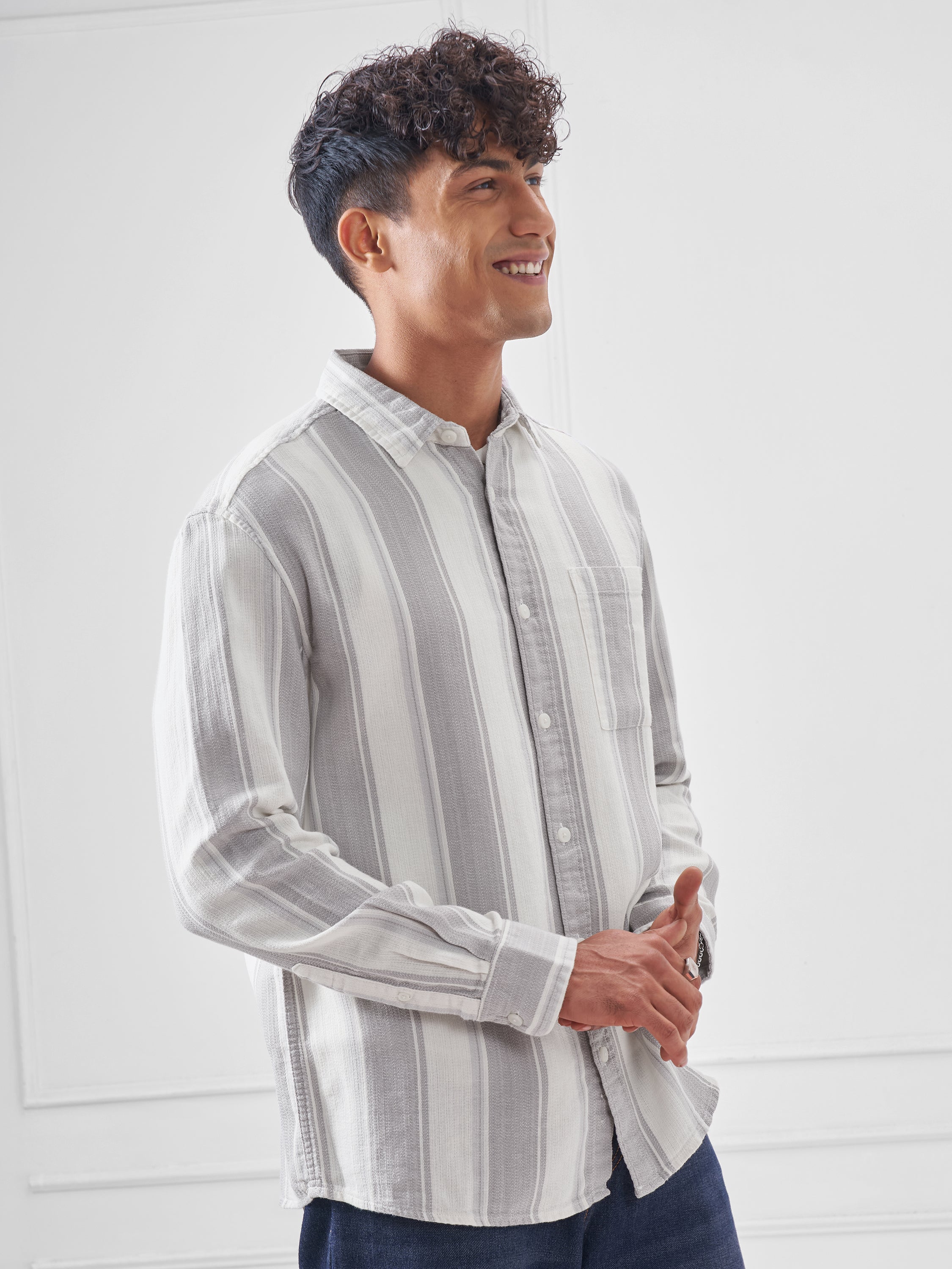 Highlander Men Grey Striped Relaxed Fit Casual Shirt - Grey - Image 6