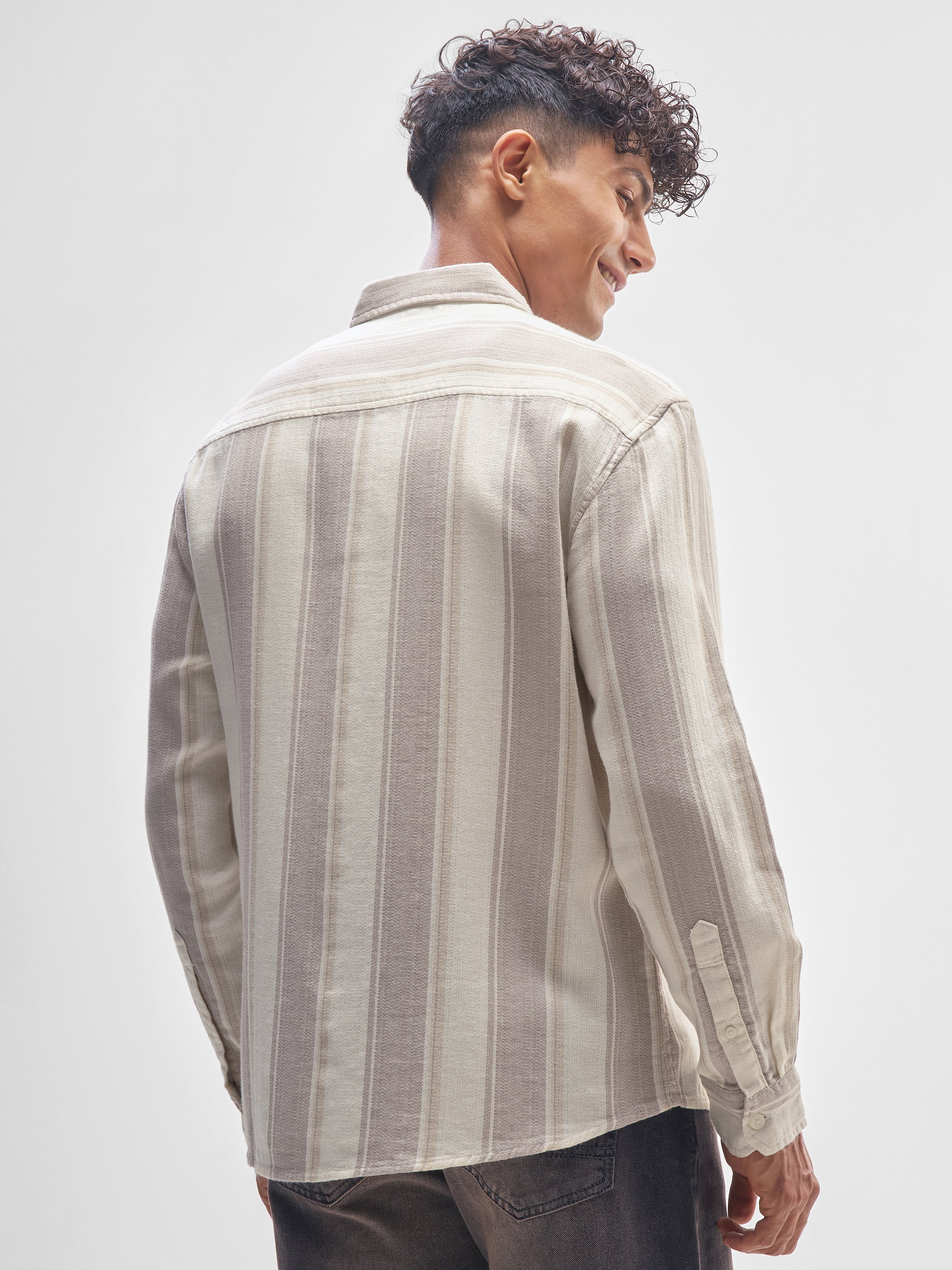 Highlander Men Beige Striped Relaxed Fit Casual Shirt - Beige - Image 3