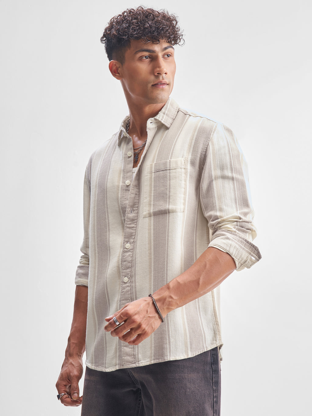 Highlander Men Beige Striped Relaxed Fit Casual Shirt - Beige - Image 4