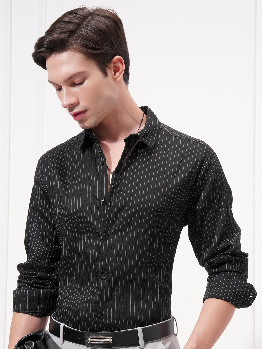 Highlander Men Black Striped Slim Fit Casual Shirt - Black - Image 1