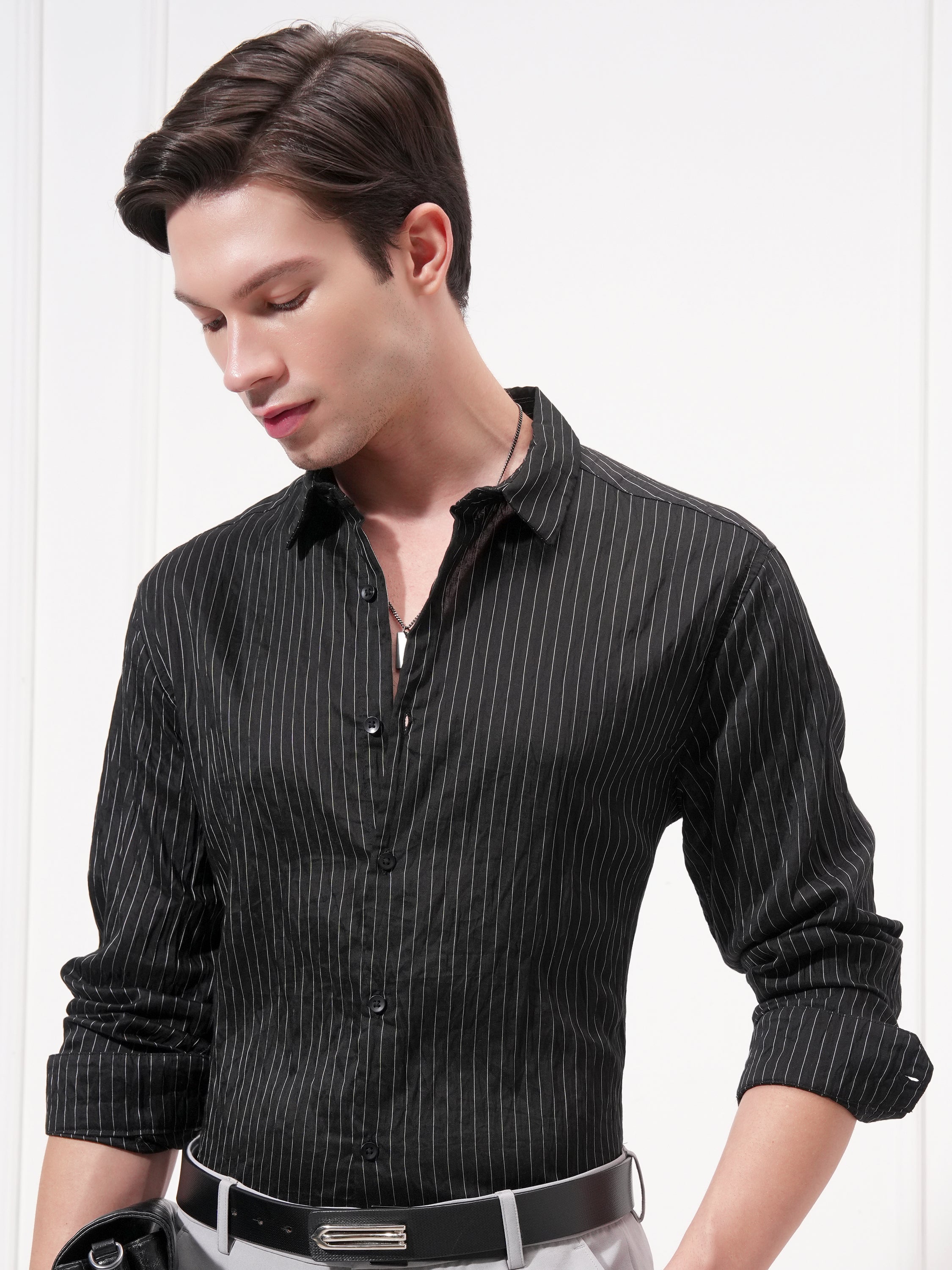 Highlander Men Black Striped Slim Fit Casual Shirt - Black - Image 1