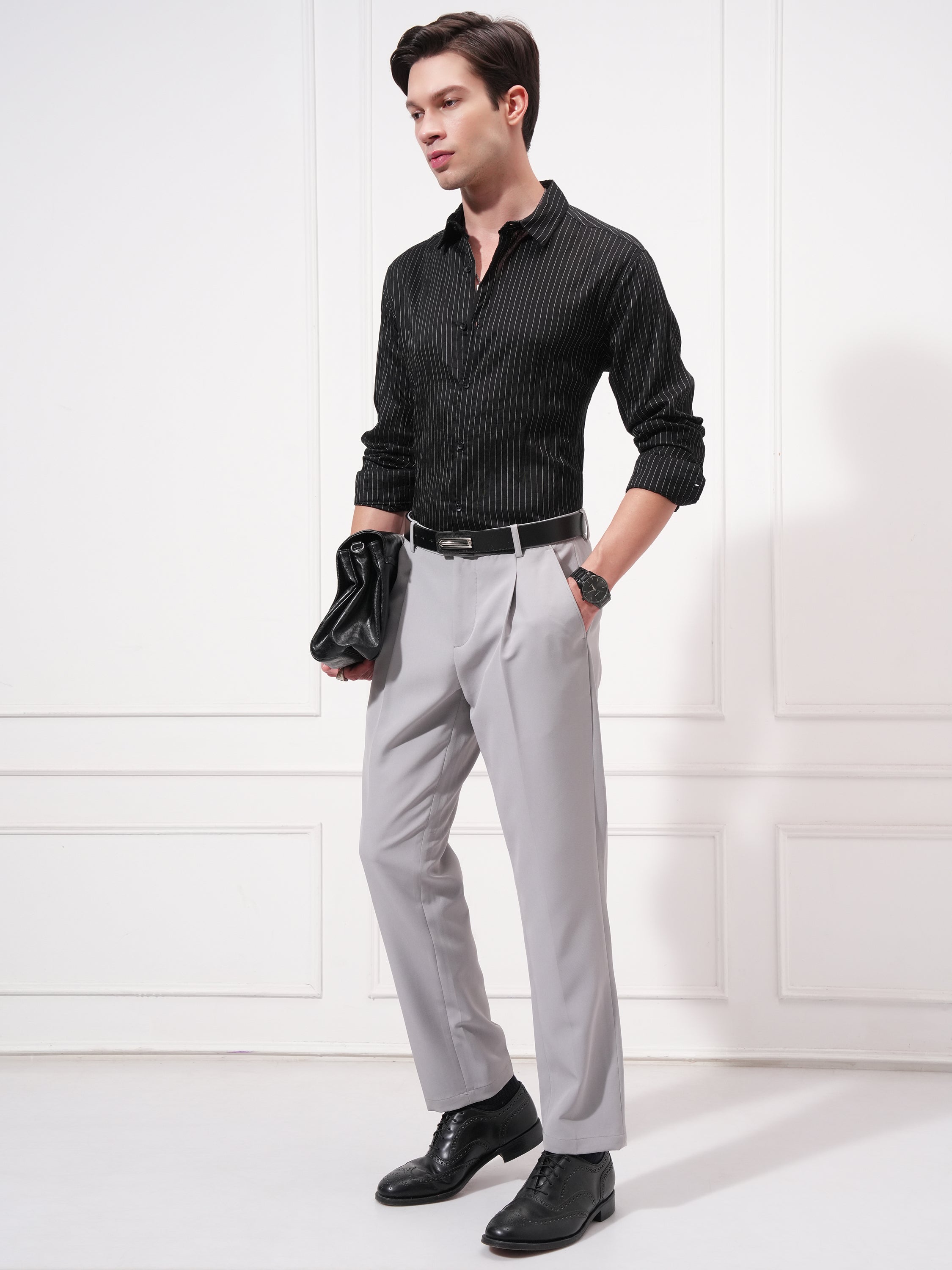 Highlander Men Black Striped Slim Fit Casual Shirt - Black - Image 2