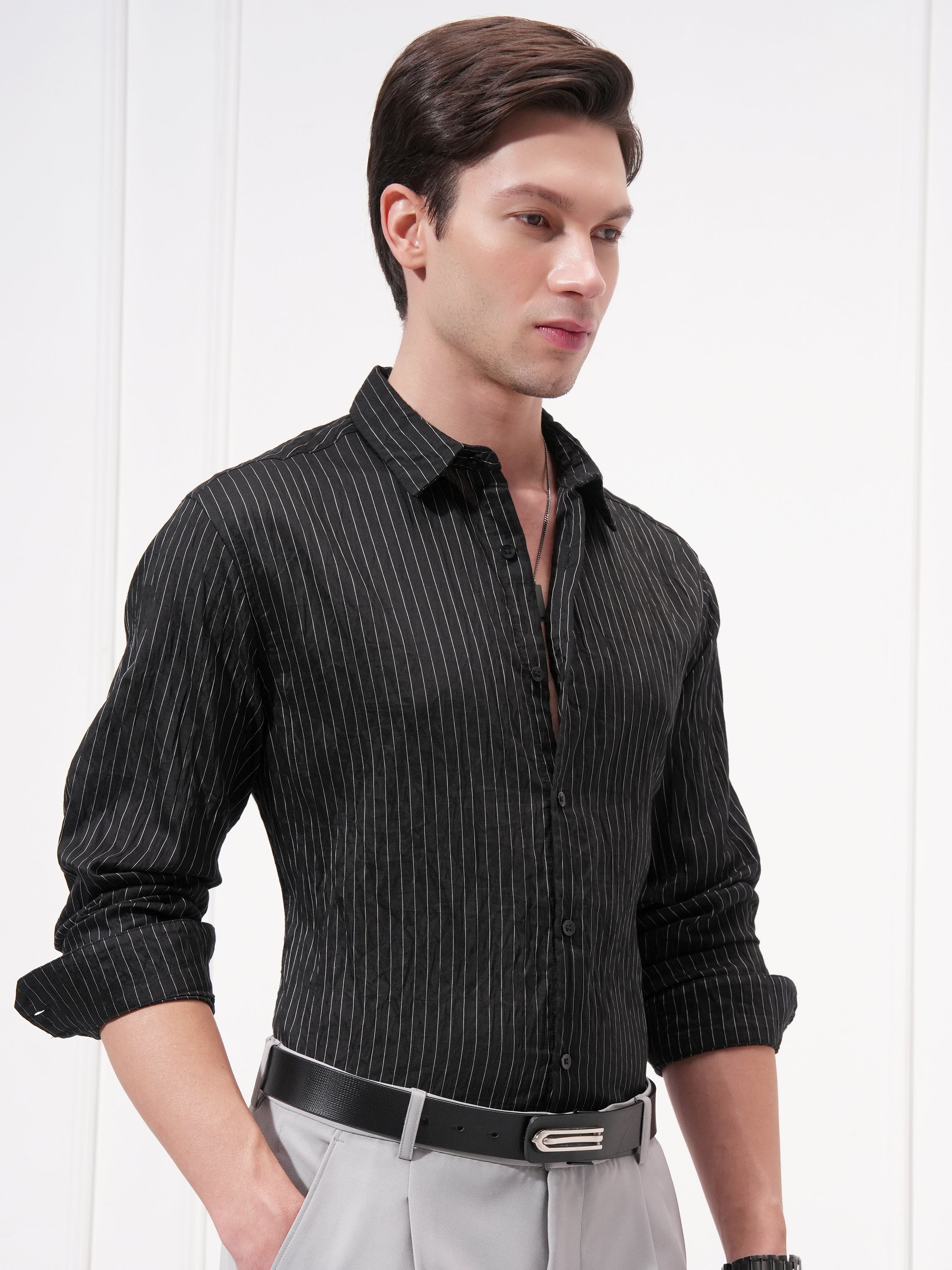 Highlander Men Black Striped Slim Fit Casual Shirt - Black - Image 6