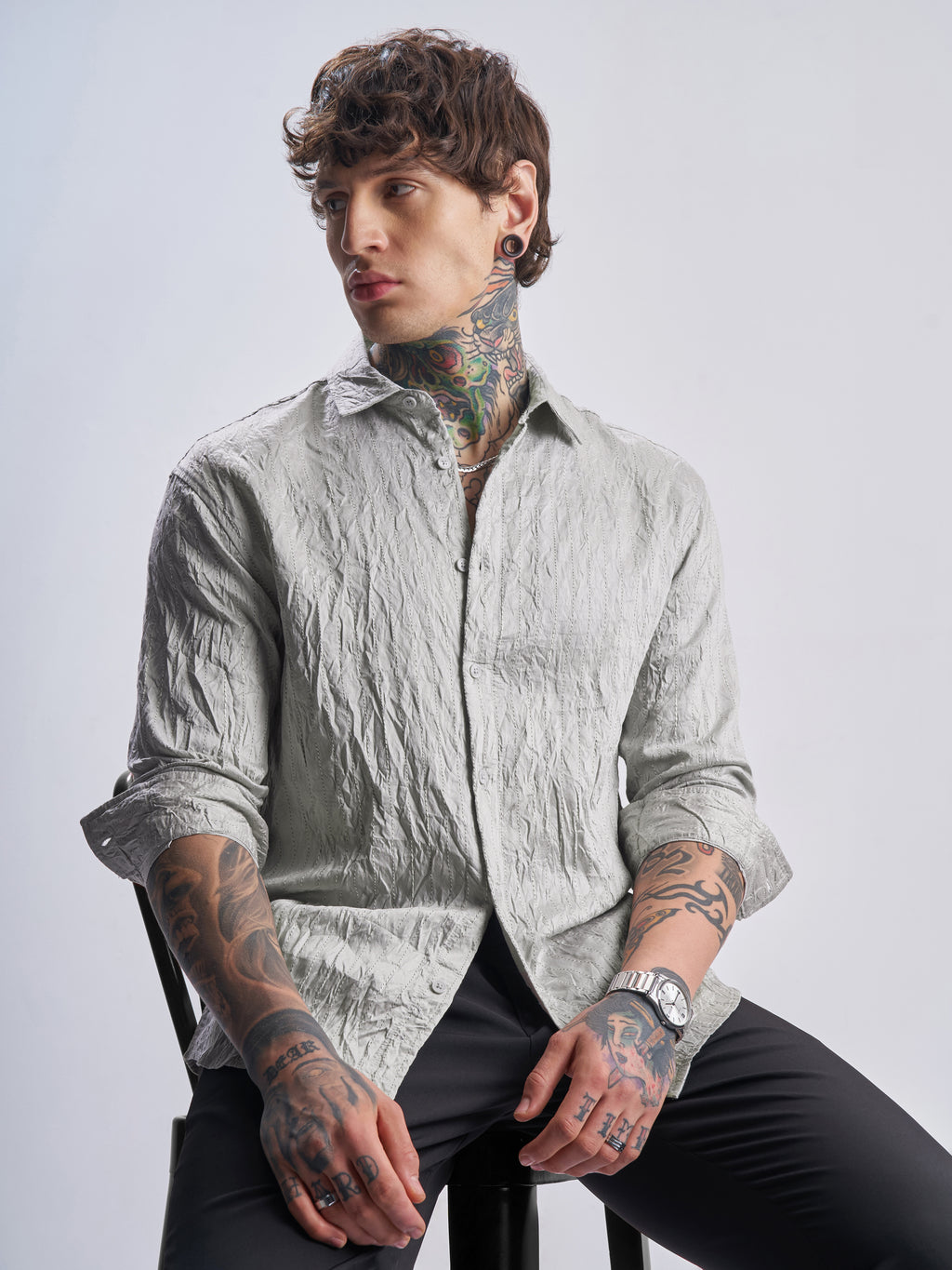 Highlander Men Grey Crushed Relaxed Fit Casual Shirt - Grey - Image 1