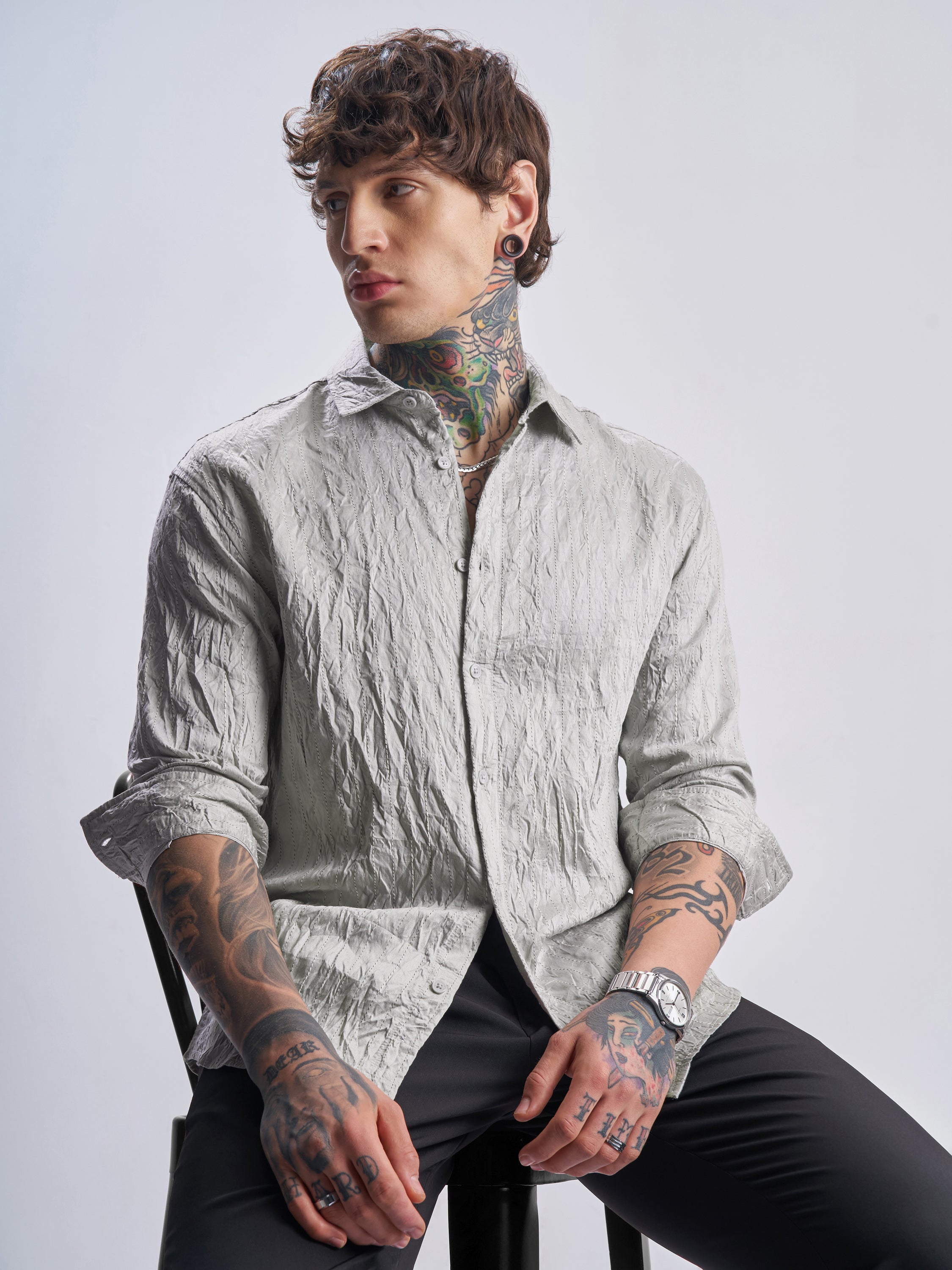 Highlander Men Grey Crushed Relaxed Fit Casual Shirt - Grey - Image 1